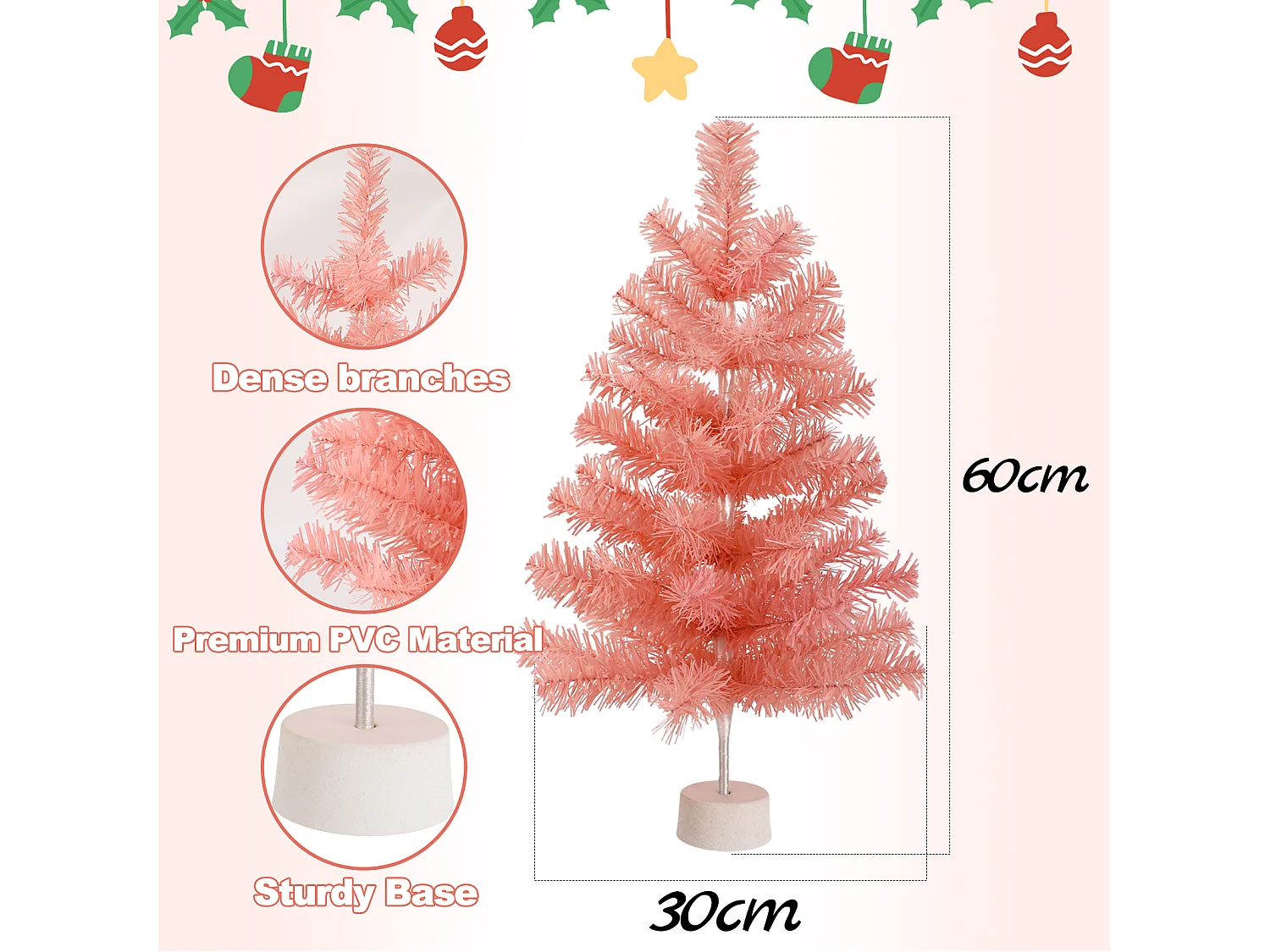Nettlife Mini Sapin de Noël Rose 60 cm, Petit Arbre Artificiel en PVC pour Décoration de Table, Bureau et Fête.