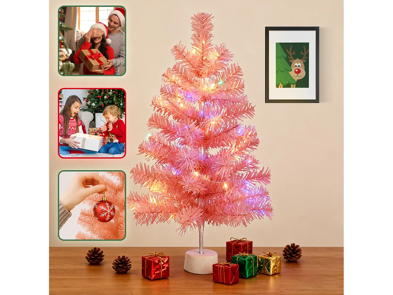 Nettlife Mini Sapin de Noël Rose 60 cm, Petit Arbre Artificiel en PVC pour Décoration de Table, Bureau et Fête.