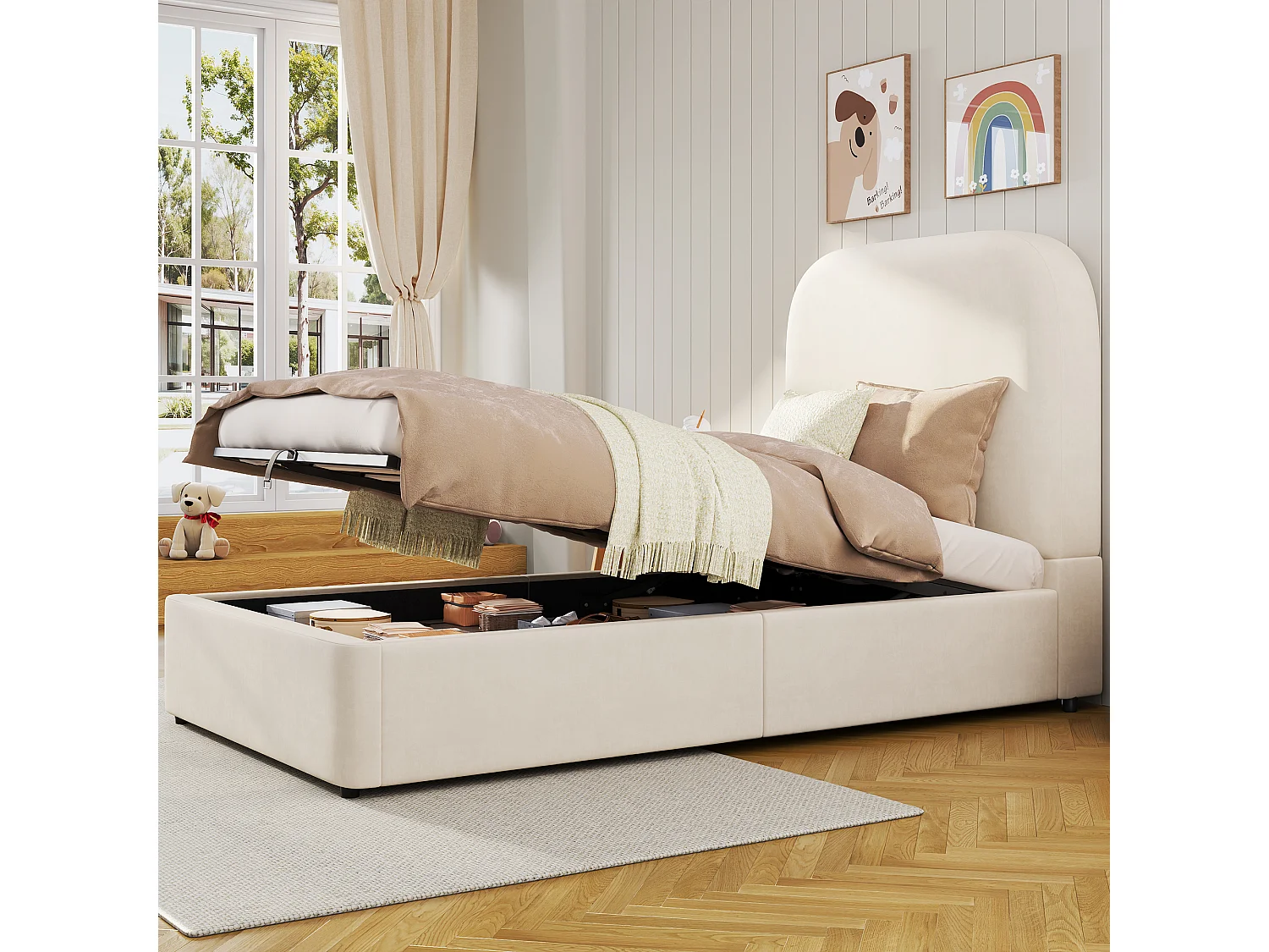 Cama infantil con almacenaje - 90 x 200 cm - con cabecero acolchado + almacenaje hidráulico - terciopelo - beige
