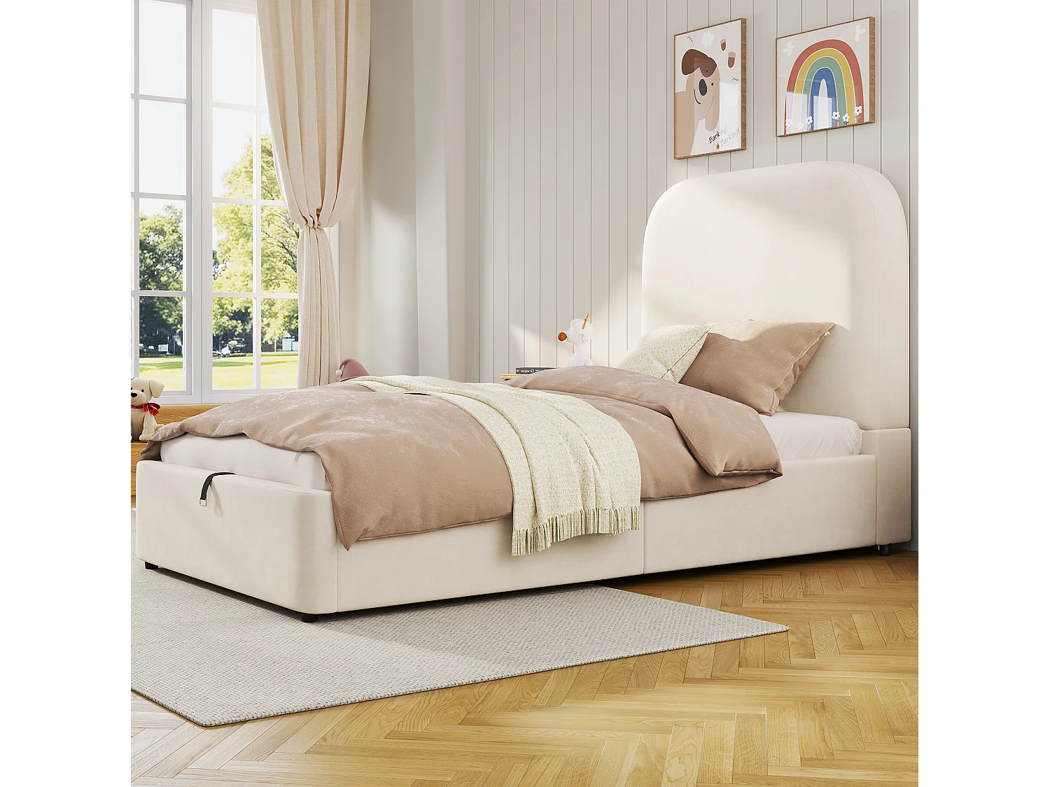 Cama infantil con almacenaje - 90 x 200 cm - con cabecero acolchado + almacenaje hidráulico - terciopelo - beige
