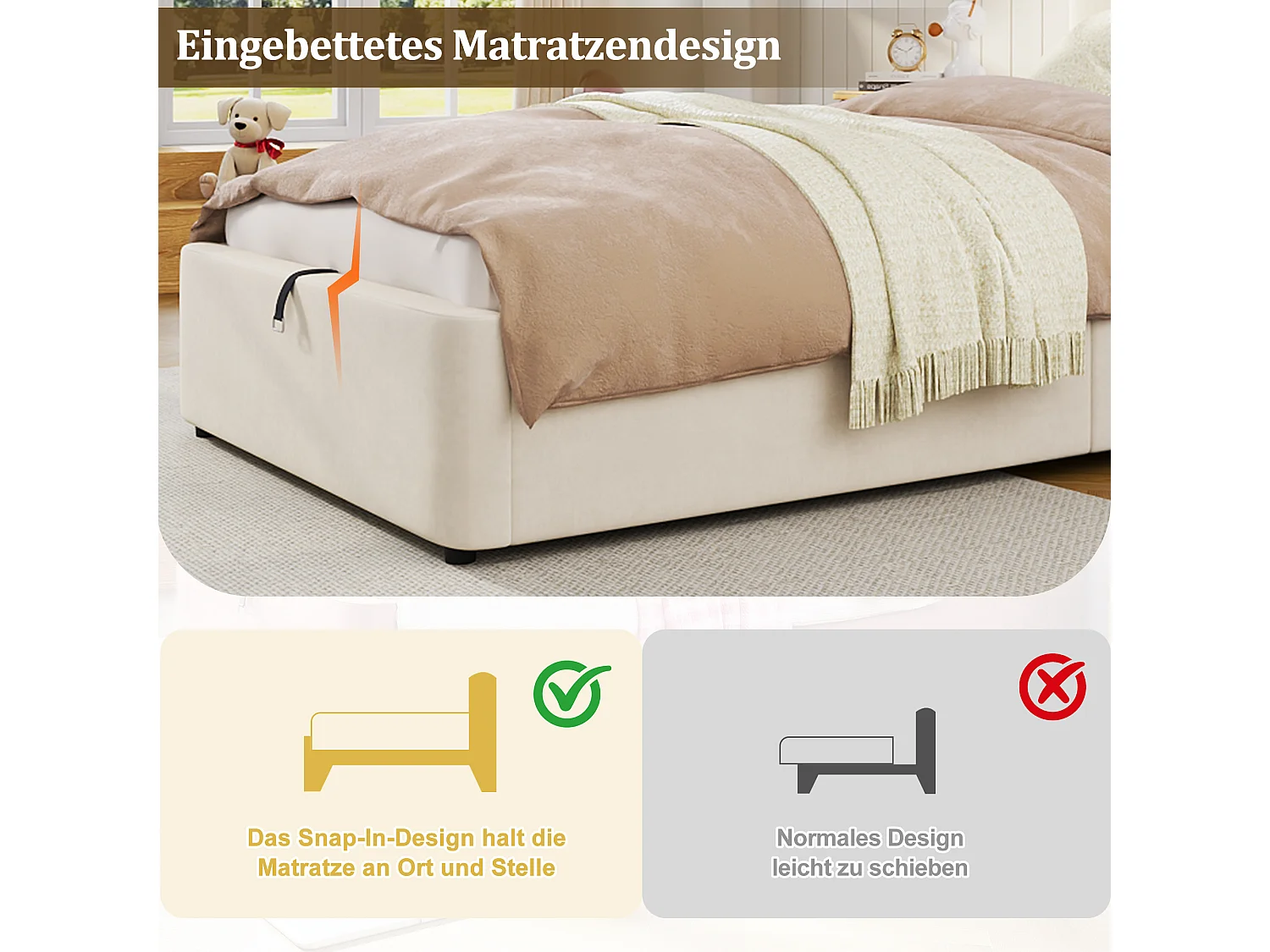 Cama infantil con almacenaje - 90 x 200 cm - con cabecero acolchado + almacenaje hidráulico - terciopelo - beige