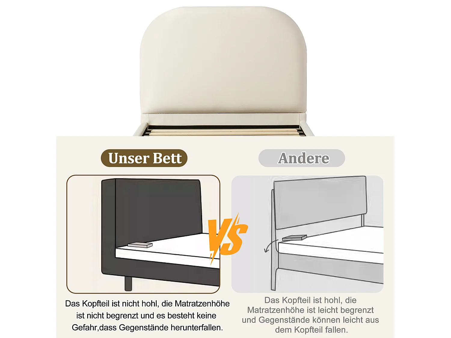 Kinderbed met opbergruimte - 90 x 200 cm - met gewatteerd hoofdeinde + hydraulische opbergruimte - fluweel - beige