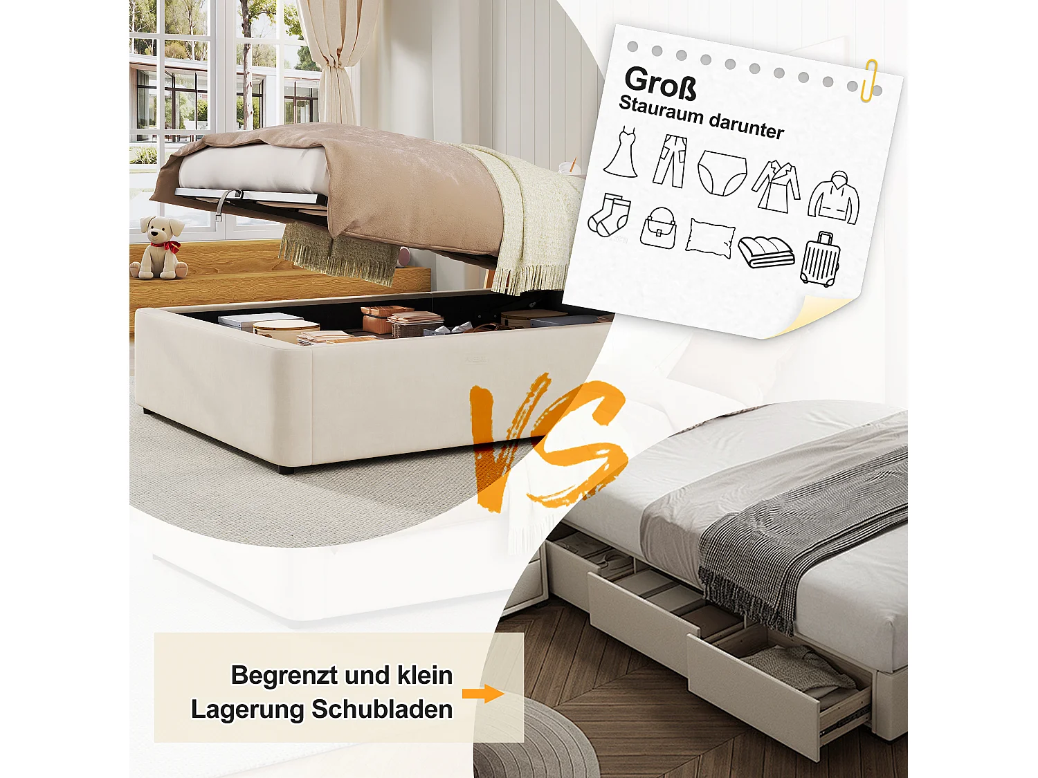 Kinderbed met opbergruimte - 90 x 200 cm - met gewatteerd hoofdeinde + hydraulische opbergruimte - fluweel - beige