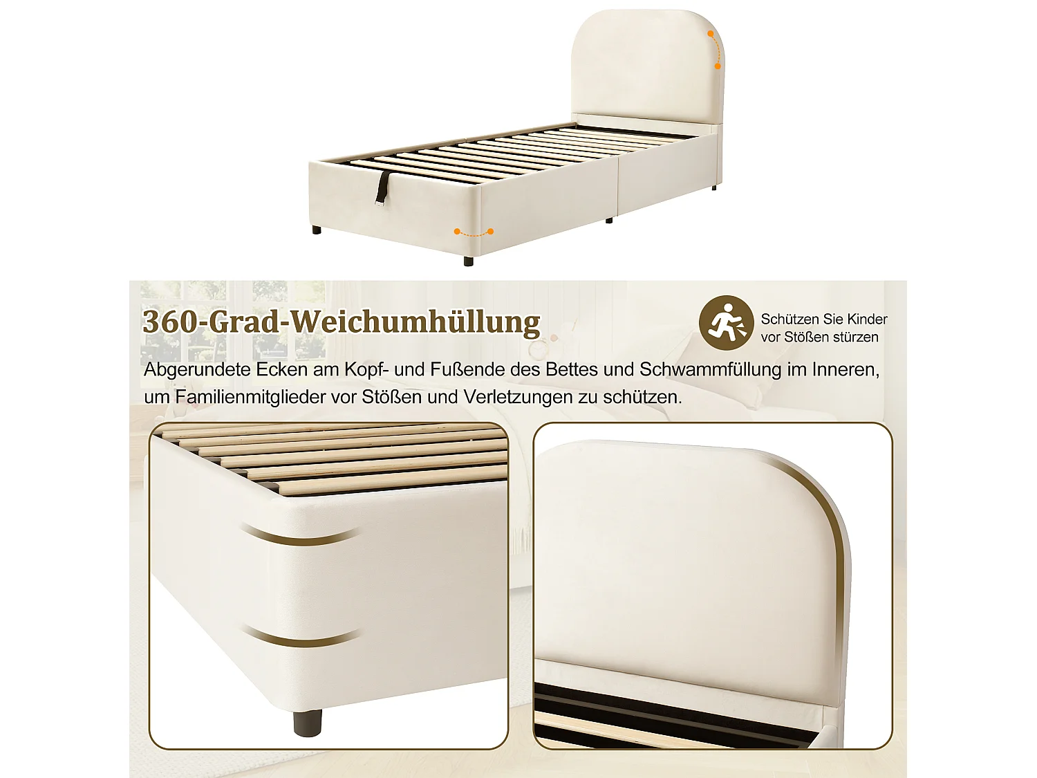 Kinderbed met opbergruimte - 90 x 200 cm - met gewatteerd hoofdeinde + hydraulische opbergruimte - fluweel - beige