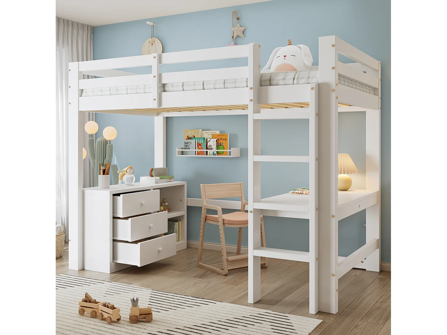 Letto a soppalco per bambini - 90 x 200 cm - con scrivania + 3 cassetti e ripiano portaoggetti - pino e MDF - bianco