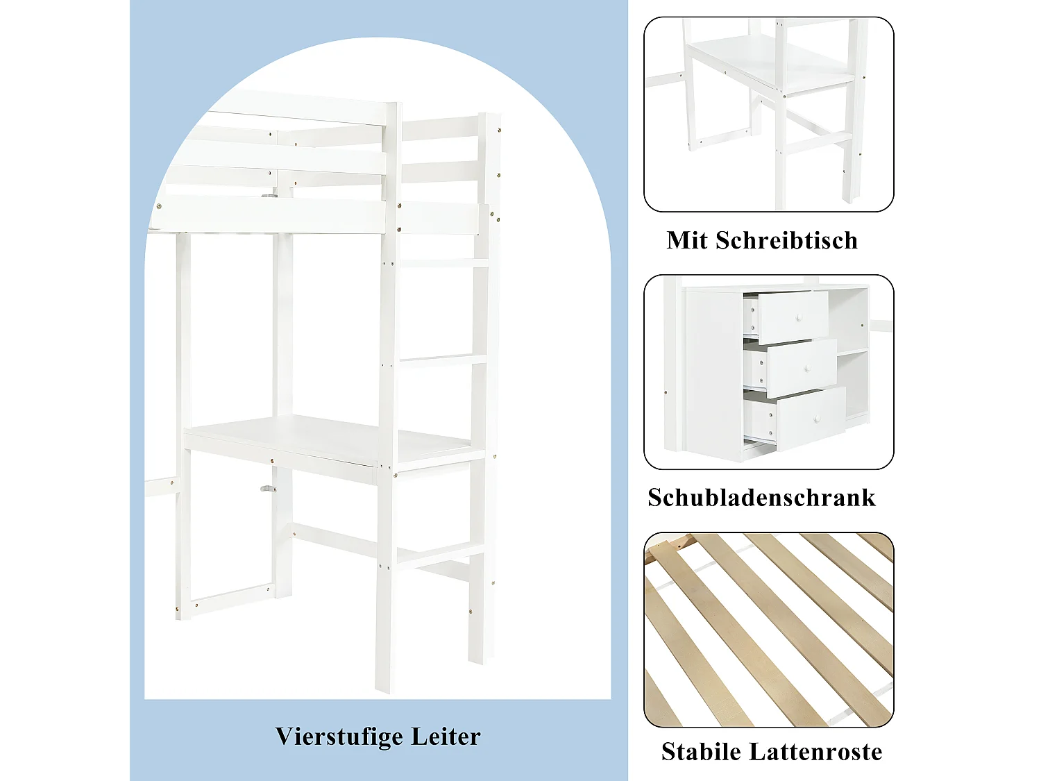 Letto a soppalco per bambini - 90 x 200 cm - con scrivania + 3 cassetti e ripiano portaoggetti - pino e MDF - bianco