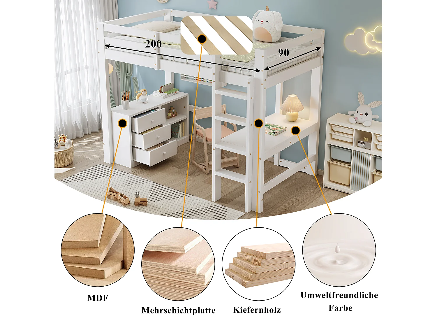 Letto a soppalco per bambini - 90 x 200 cm - con scrivania + 3 cassetti e ripiano portaoggetti - pino e MDF - bianco
