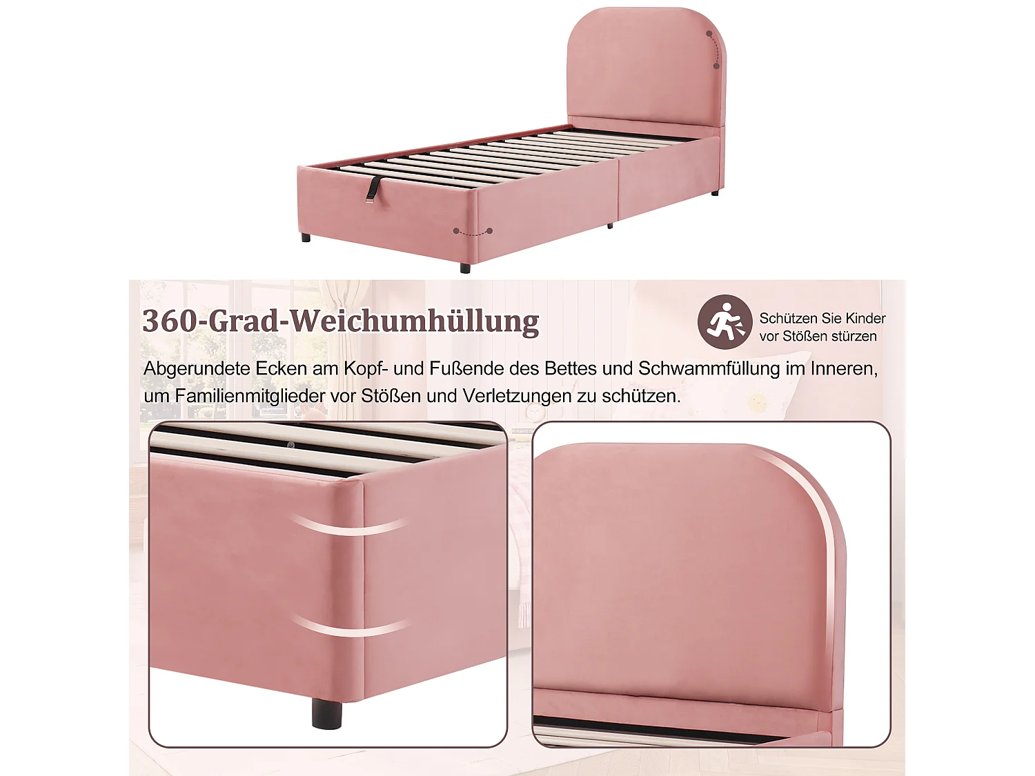 Lit coffre pour enfant - 90 x 200 cm - avec tête de lit rembourrée + rangement hydraulique - velours - rose