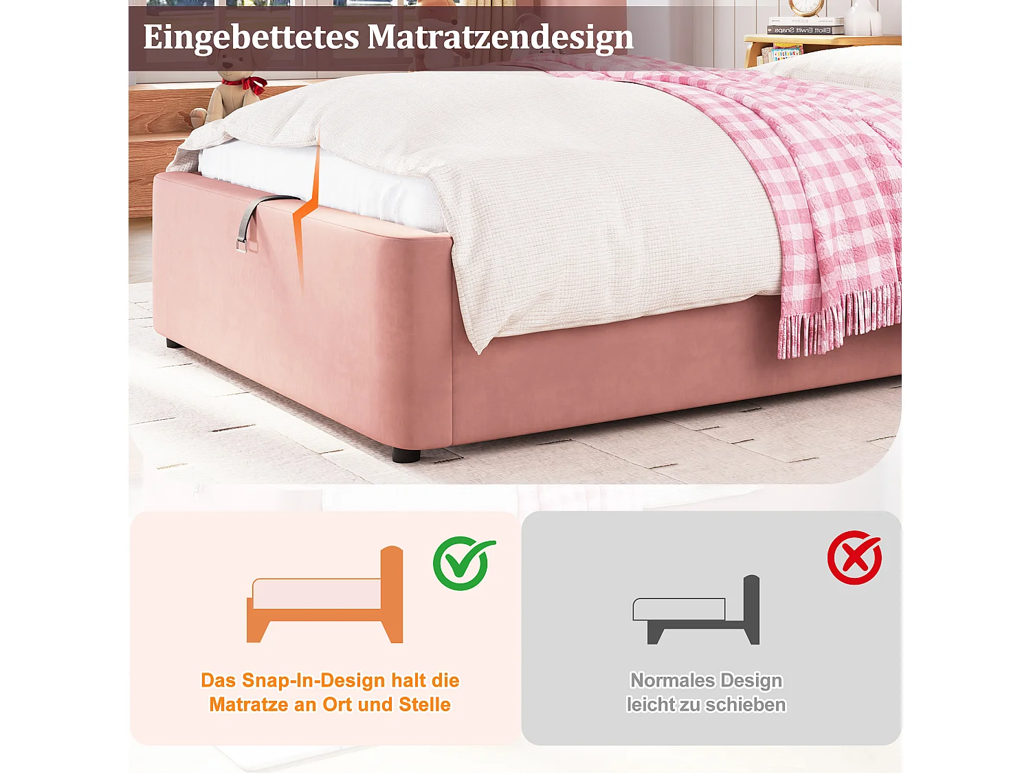 Lit coffre pour enfant - 90 x 200 cm - avec tête de lit rembourrée + rangement hydraulique - velours - rose