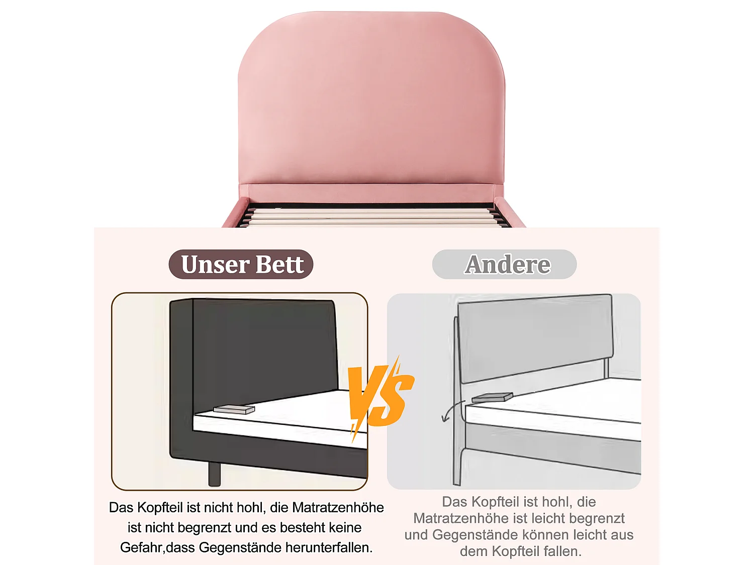 Lit coffre pour enfant - 90 x 200 cm - avec tête de lit rembourrée + rangement hydraulique - velours - rose