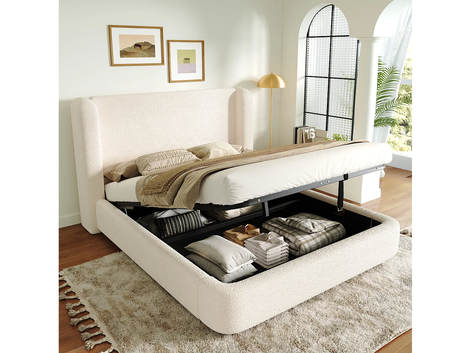 Łóżko podwójne z pojemnikiem na pościel - 160 x 200 cm - z hydraulicznym schowkiem + tapicerowany zagłówek - Boucle - beżowe