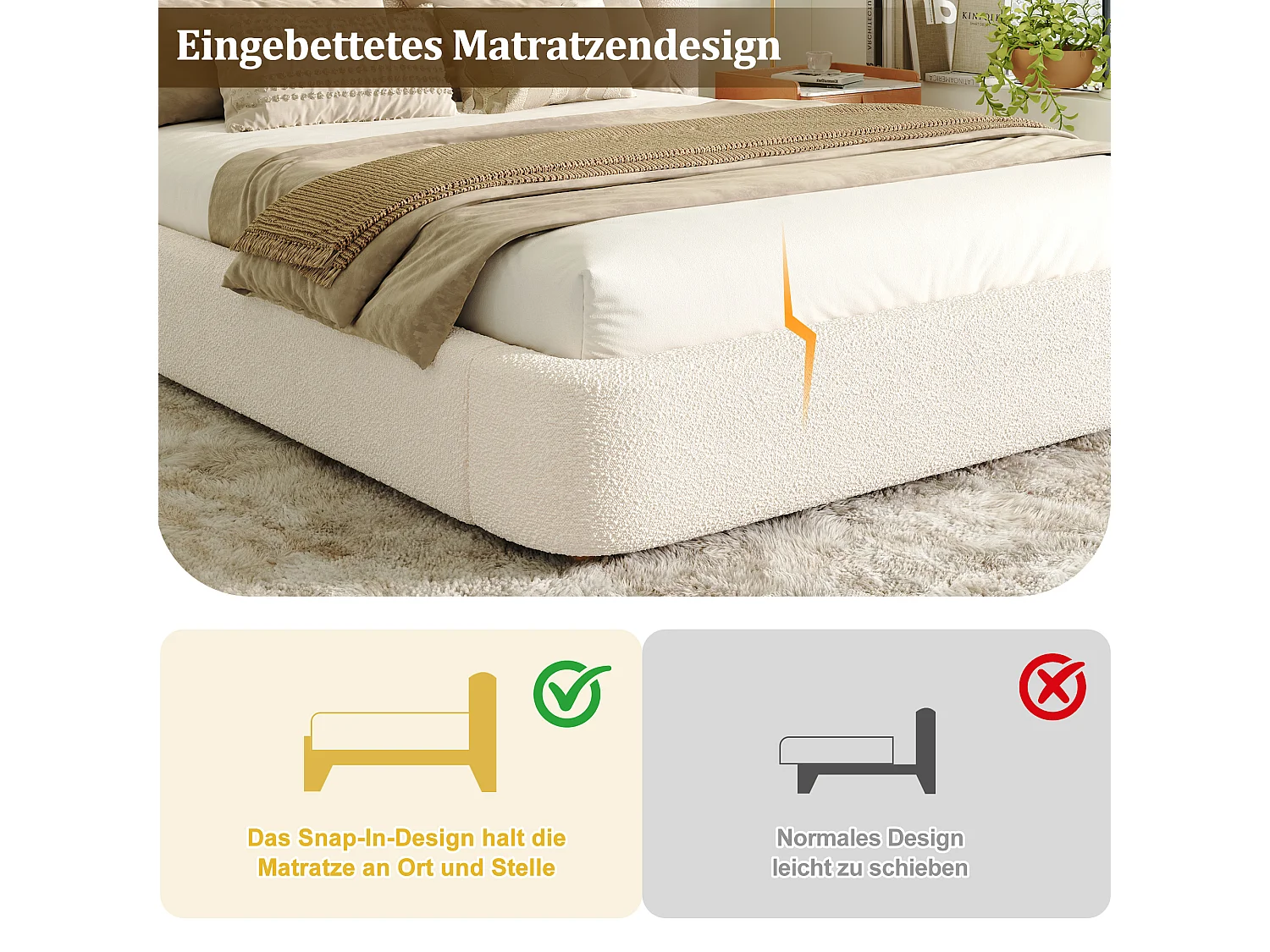 Łóżko podwójne z pojemnikiem na pościel - 160 x 200 cm - z hydraulicznym schowkiem + tapicerowany zagłówek - Boucle - beżowe