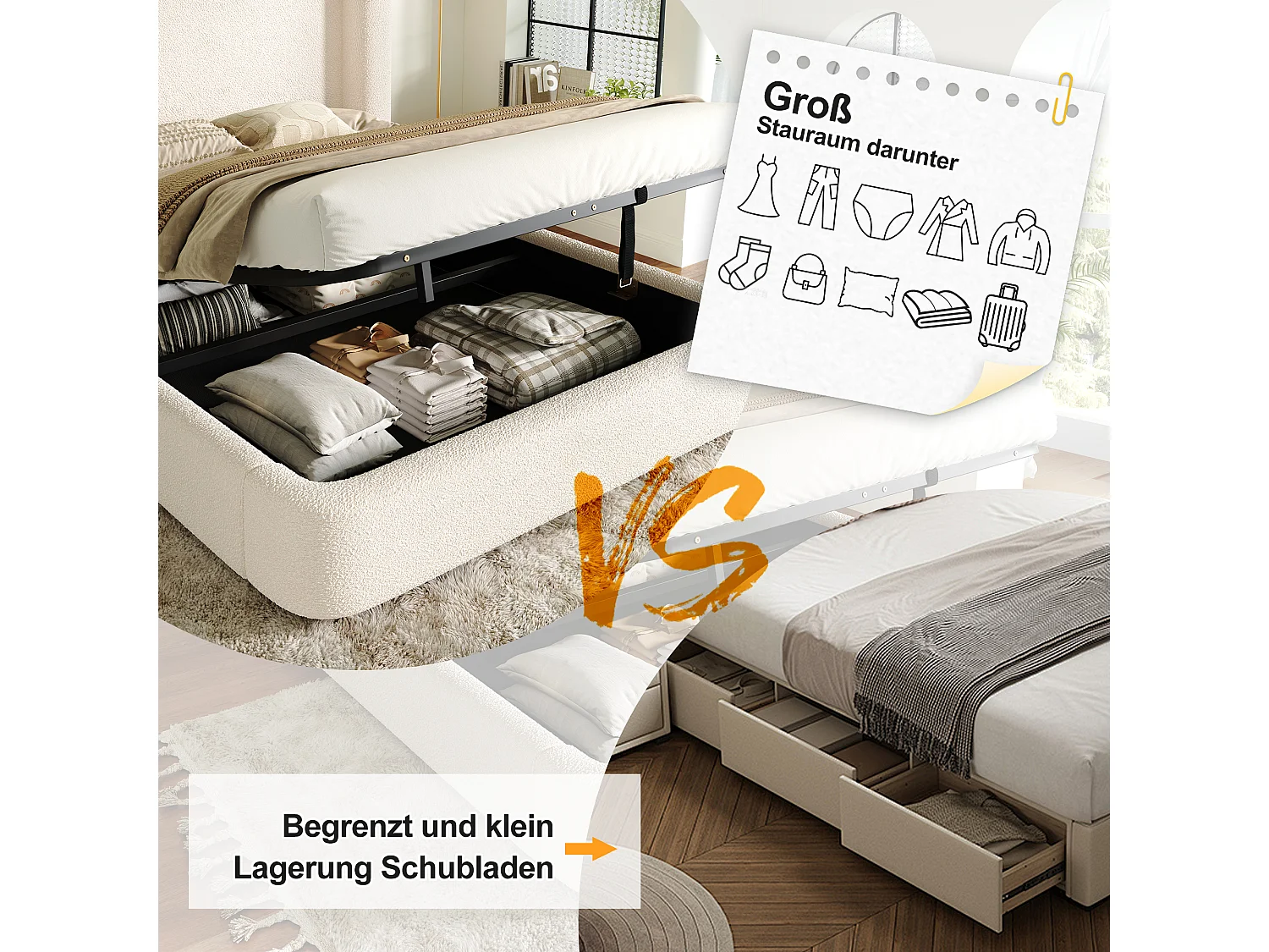 Łóżko podwójne z pojemnikiem na pościel - 160 x 200 cm - z hydraulicznym schowkiem + tapicerowany zagłówek - Boucle - beżowe