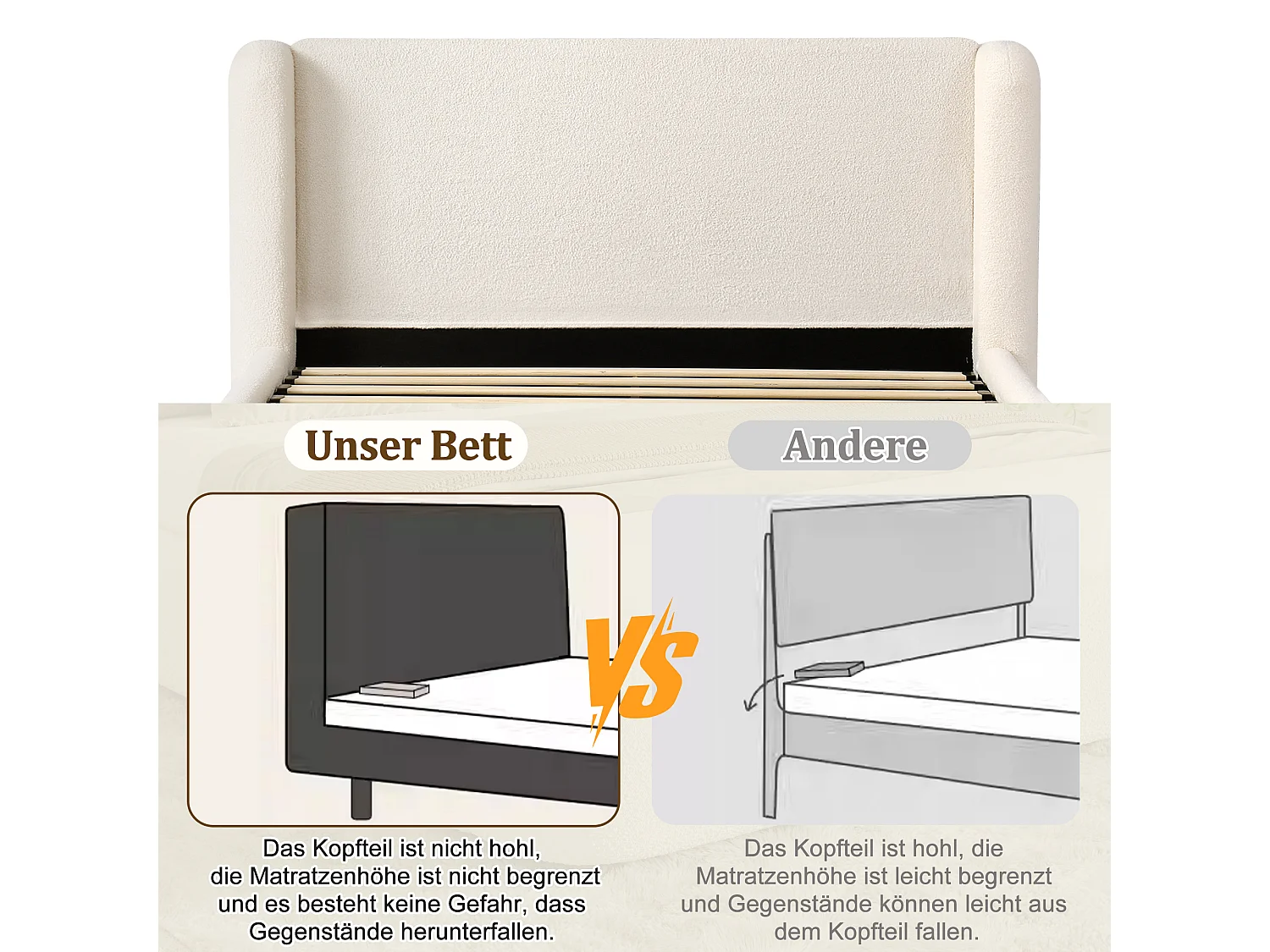 Łóżko podwójne z pojemnikiem na pościel - 160 x 200 cm - z hydraulicznym schowkiem + tapicerowany zagłówek - Boucle - beżowe