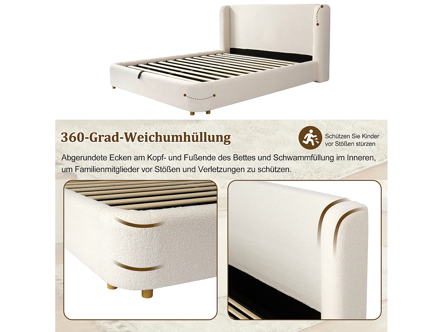 Łóżko podwójne z pojemnikiem na pościel - 160 x 200 cm - z hydraulicznym schowkiem + tapicerowany zagłówek - Boucle - beżowe