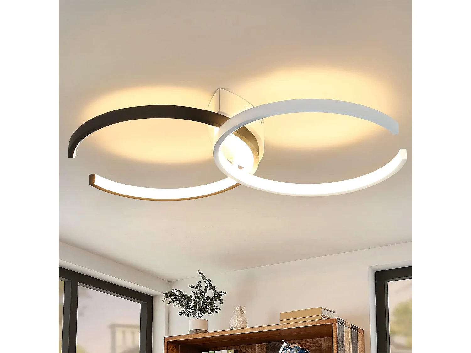 Nettlife Plafonnier LED Noir et Blanc, 24W Lampe de Plafond Moderne, Design 54CM, 3000K Blanc Chaud pour Salon, Chambre, Cuisine, Chambre d'enfant.