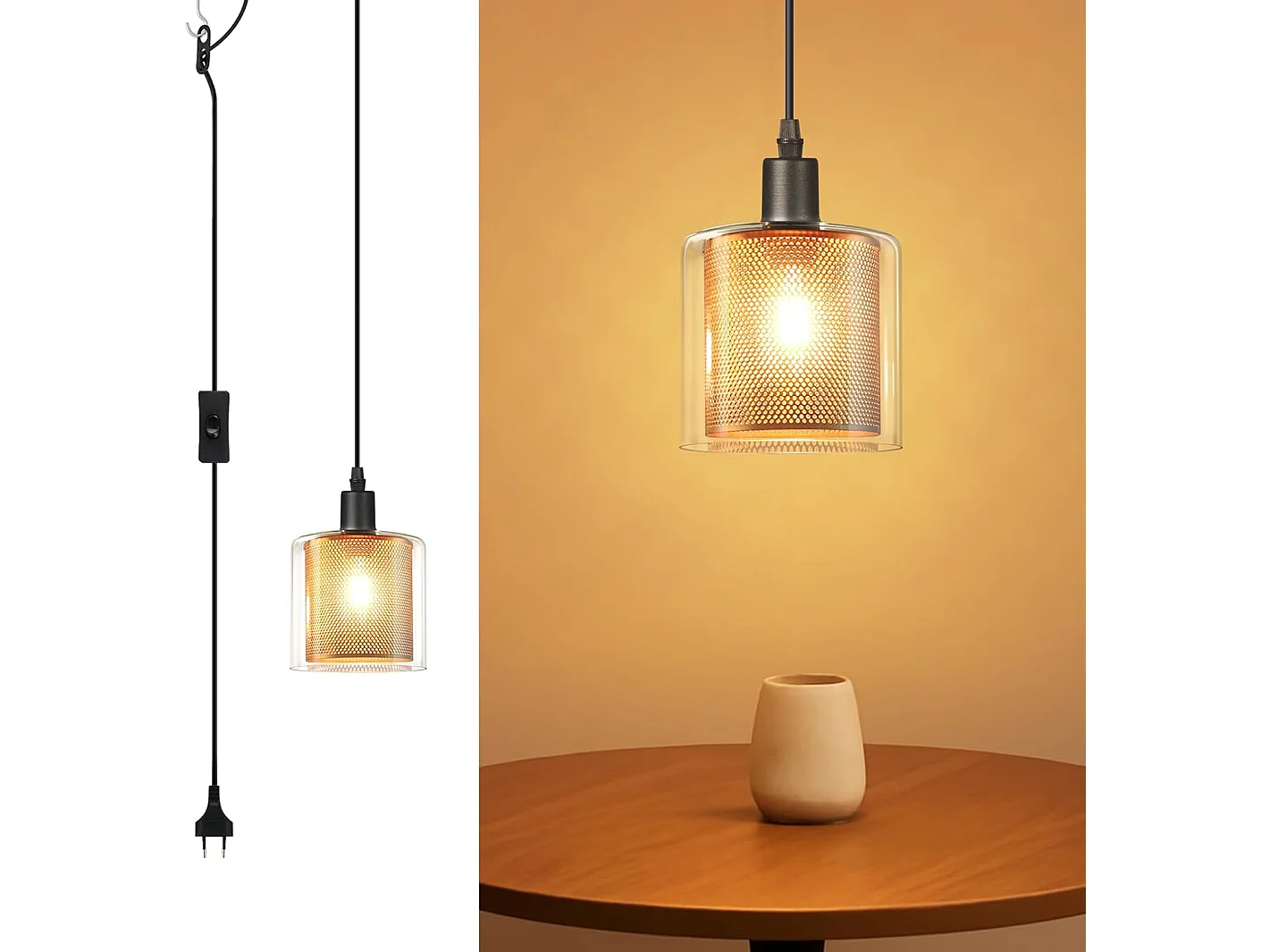 Lampa wisząca Nettlife Vintage 1-Bulb: złota szklana lampa wisząca z wtyczką i przełącznikiem, żarówka E14, 4,5-metrowy kabel metalowy w stylu retro