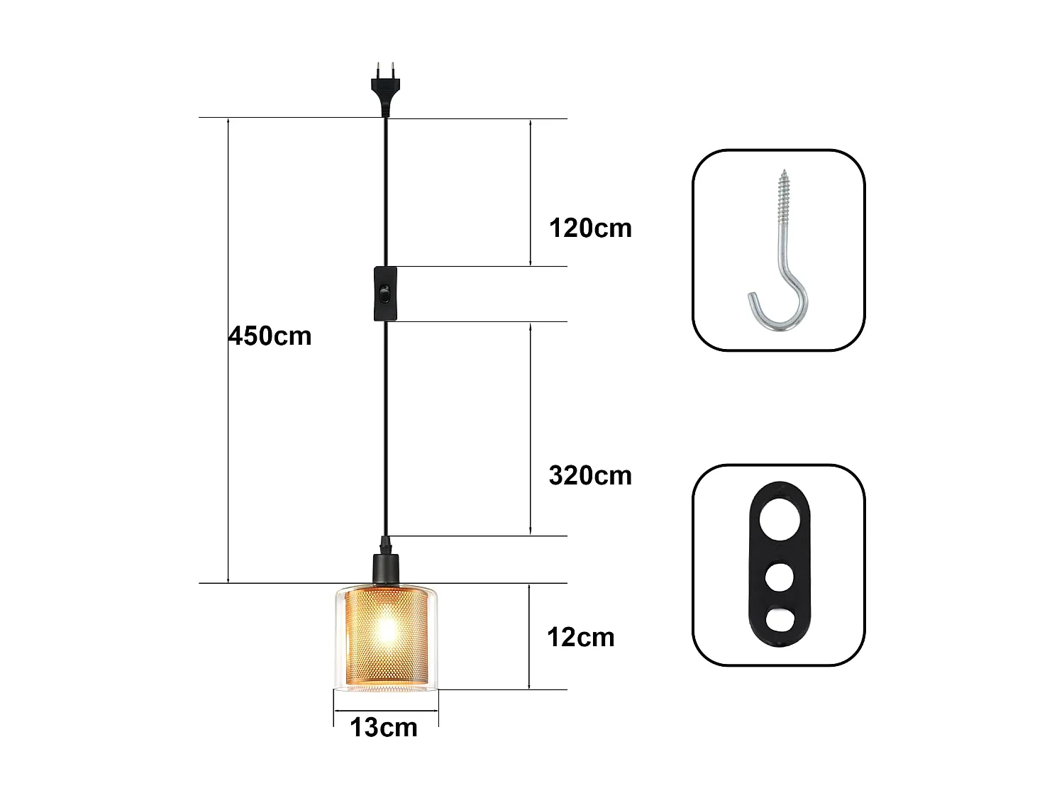 Suspension Nettlife Vintage 1 Ampoule : Suspension en Verre Doré avec Prise et Interrupteur Lampe Suspension E14 4,5 m Câble Métal Rétro