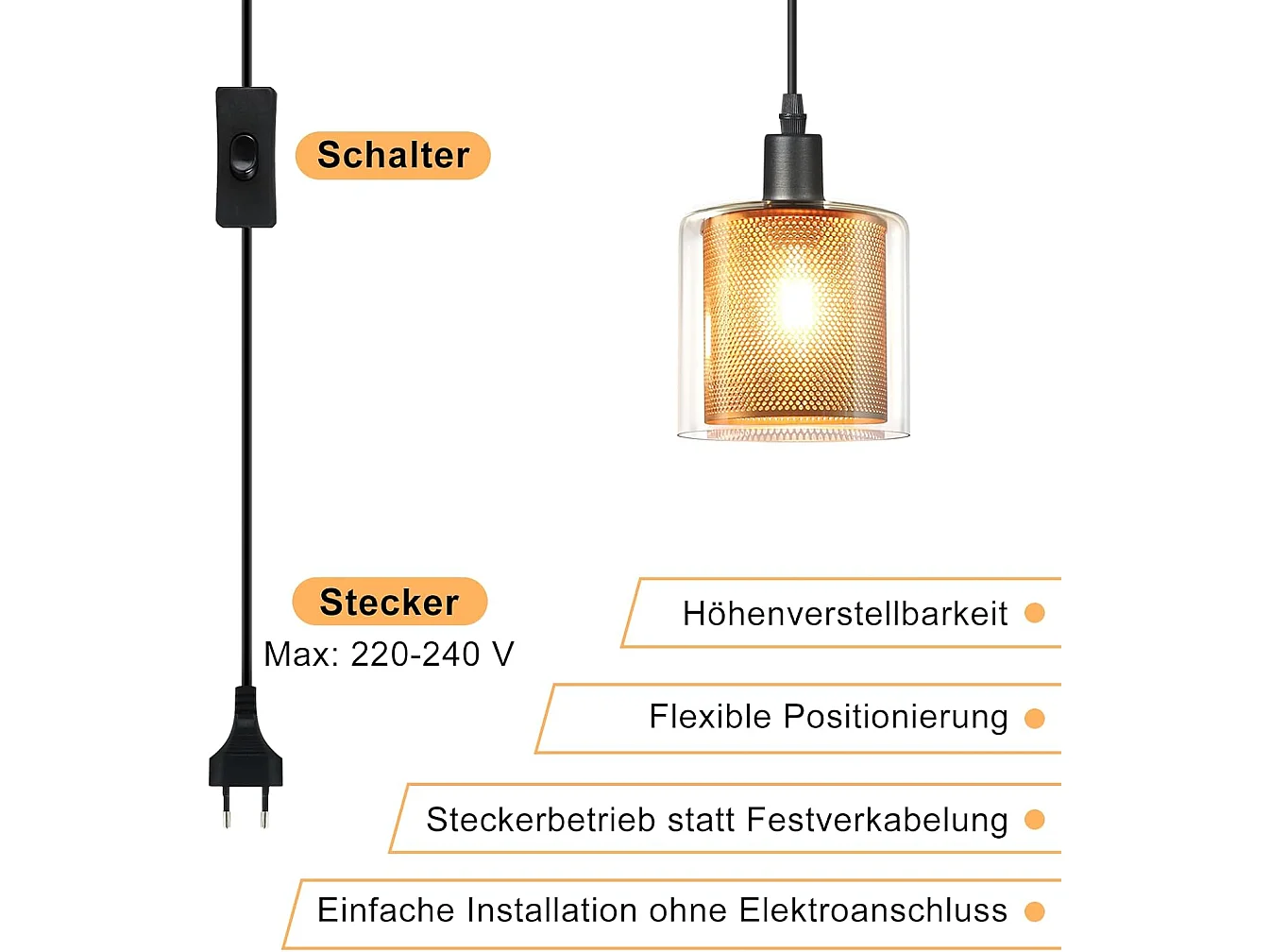 Suspension Nettlife Vintage 1 Ampoule : Suspension en Verre Doré avec Prise et Interrupteur Lampe Suspension E14 4,5 m Câble Métal Rétro
