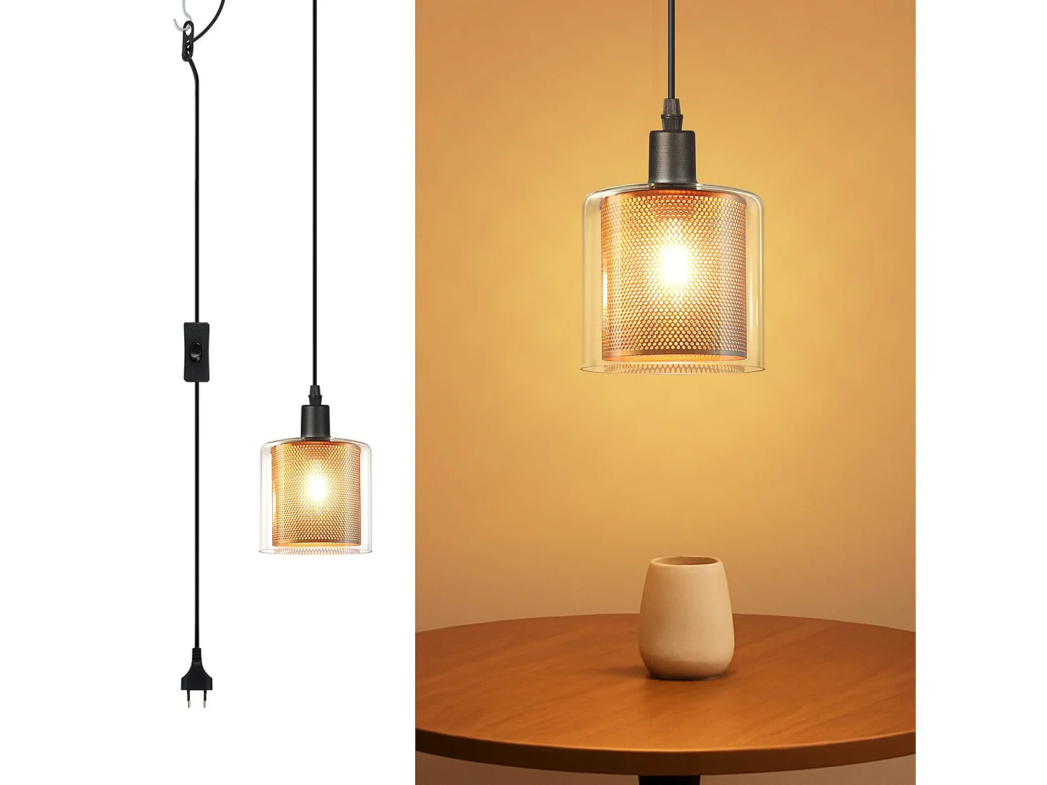 Suspension Nettlife Vintage 1 Ampoule : Suspension en Verre Doré avec Prise et Interrupteur Lampe Suspension E14 4,5 m Câble Métal Rétro