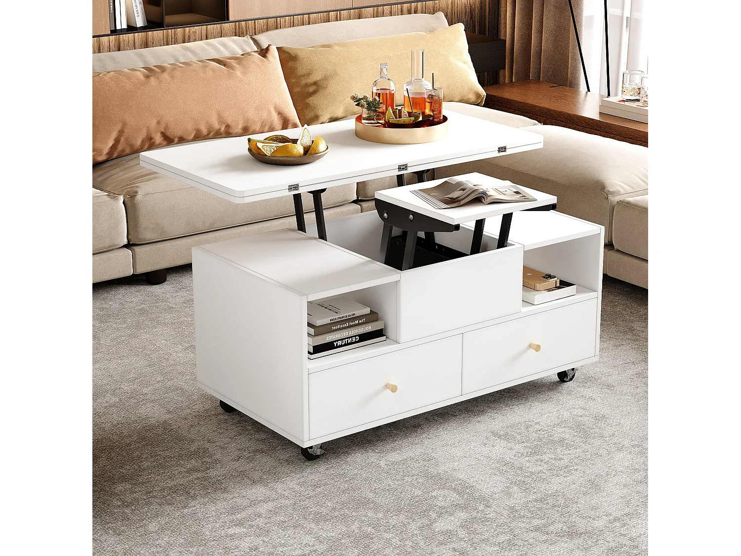 Couchtisch mit Hubfunktion, Klappmechanismus und 4 Schubladen – 100 x 50 x 47,5 cm – fahrbar mit Rollen – MDF – weiß