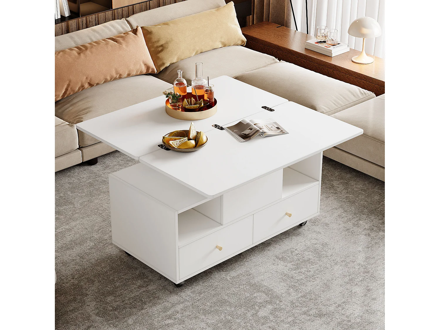 Couchtisch mit Hubfunktion, Klappmechanismus und 4 Schubladen – 100 x 50 x 47,5 cm – fahrbar mit Rollen – MDF – weiß