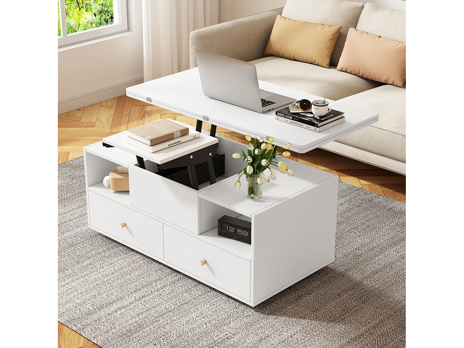 Couchtisch mit Hubfunktion, Klappmechanismus und 4 Schubladen – 100 x 50 x 47,5 cm – fahrbar mit Rollen – MDF – weiß