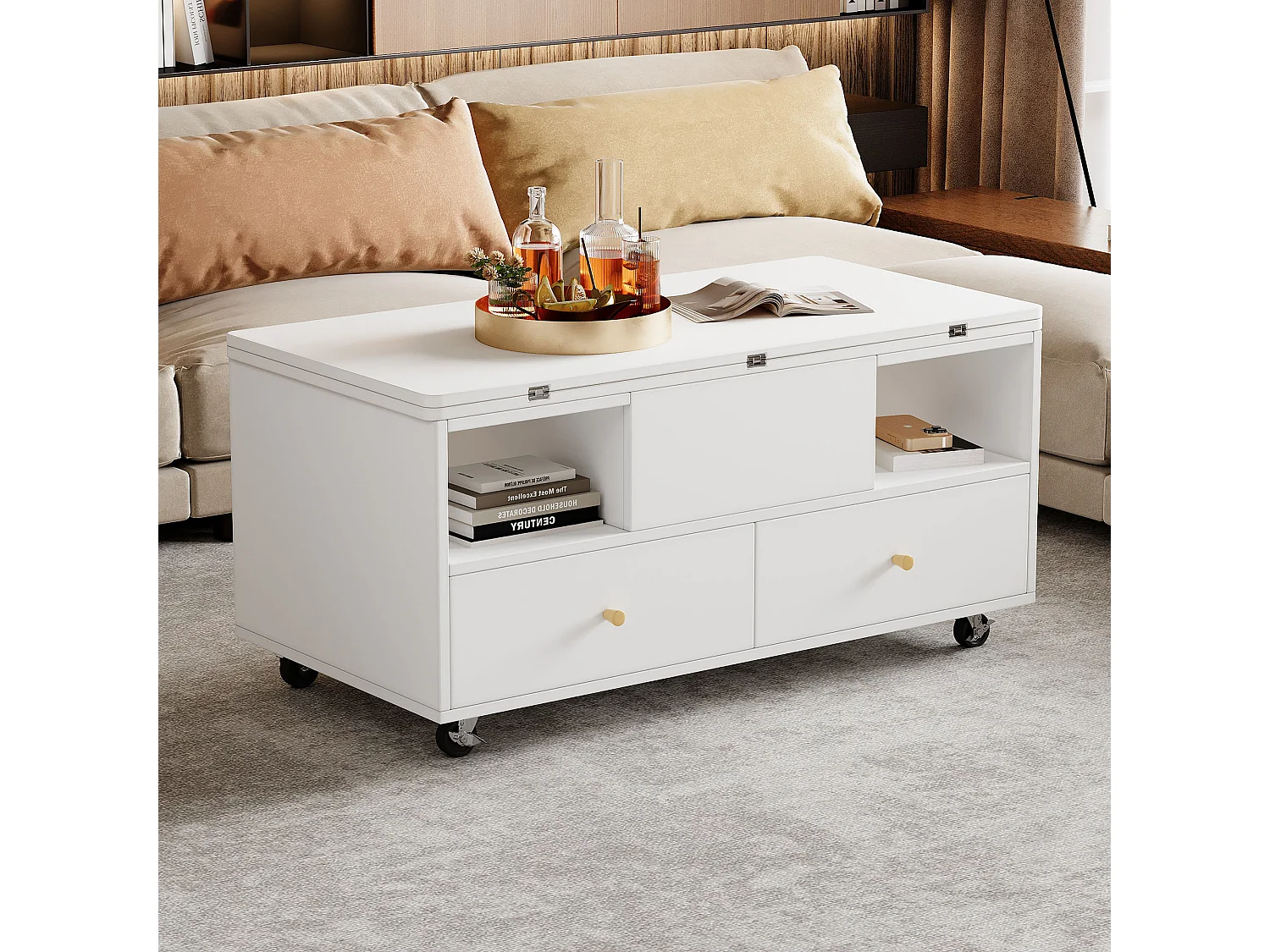 Couchtisch mit Hubfunktion, Klappmechanismus und 4 Schubladen – 100 x 50 x 47,5 cm – fahrbar mit Rollen – MDF – weiß