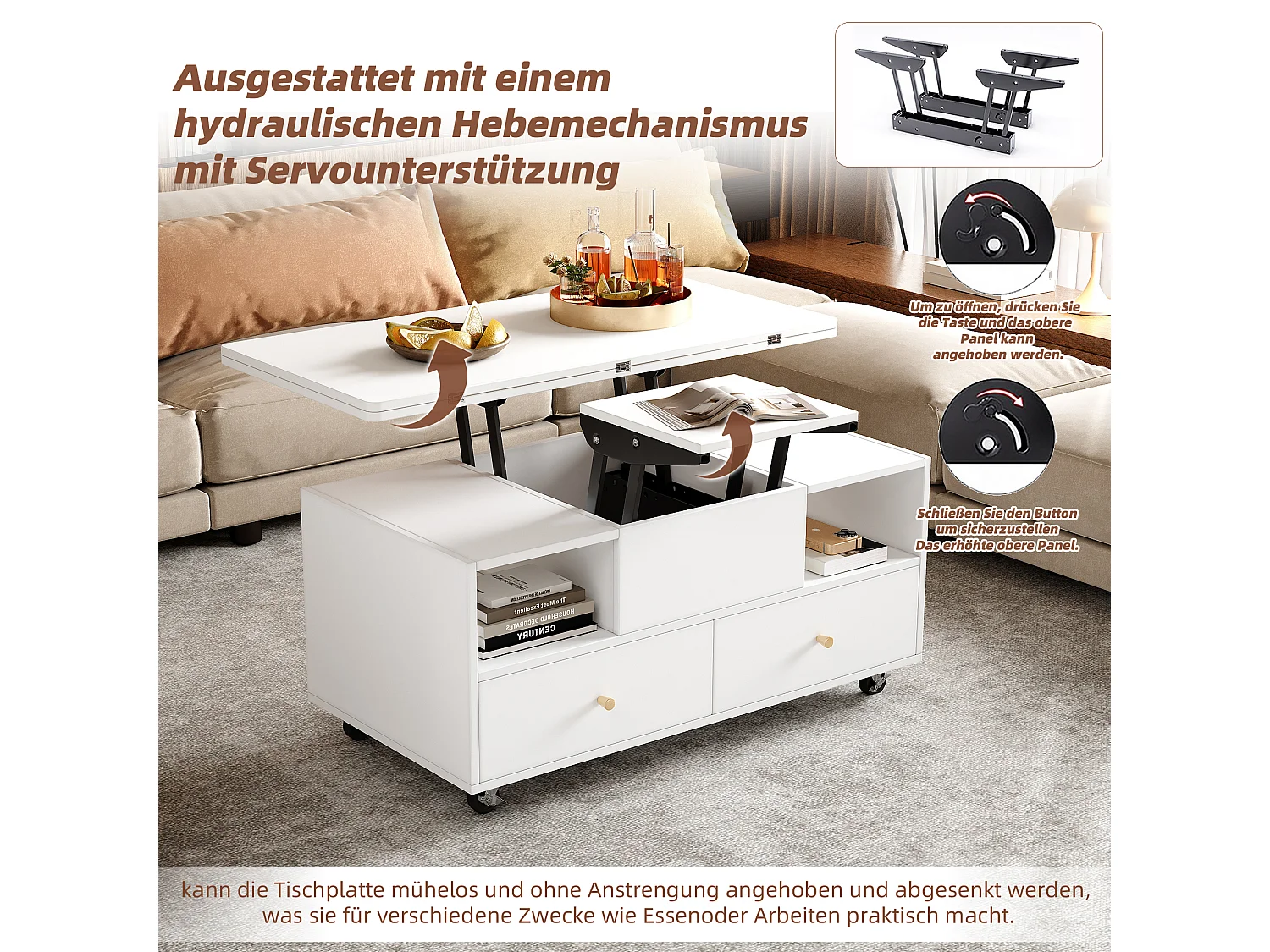 Couchtisch mit Hubfunktion, Klappmechanismus und 4 Schubladen – 100 x 50 x 47,5 cm – fahrbar mit Rollen – MDF – weiß