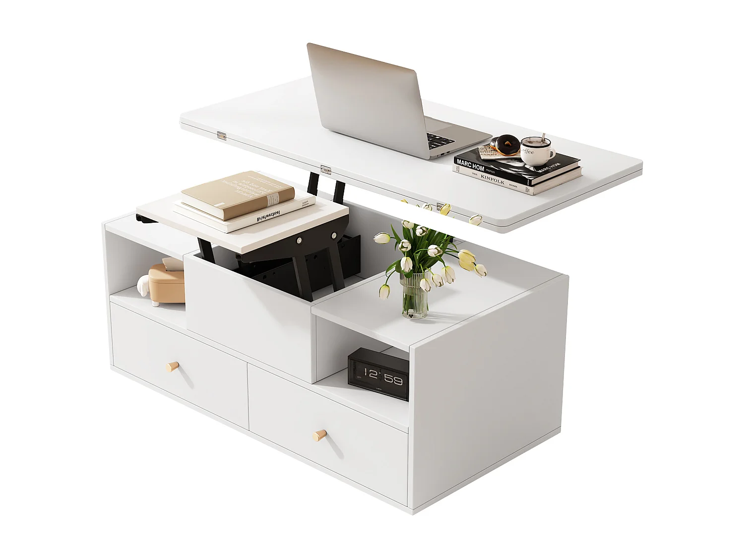 Couchtisch mit Hubfunktion, Klappmechanismus und 4 Schubladen – 100 x 50 x 47,5 cm – fahrbar mit Rollen – MDF – weiß