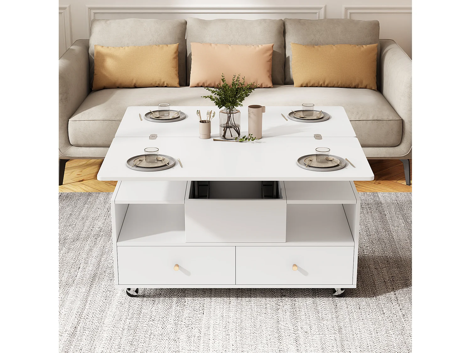 Table basse relevable avec fonction pliante et 4 tiroirs - 100 x 50 x 47.5 cm - table mobile avec roulettes - MDF - blanc