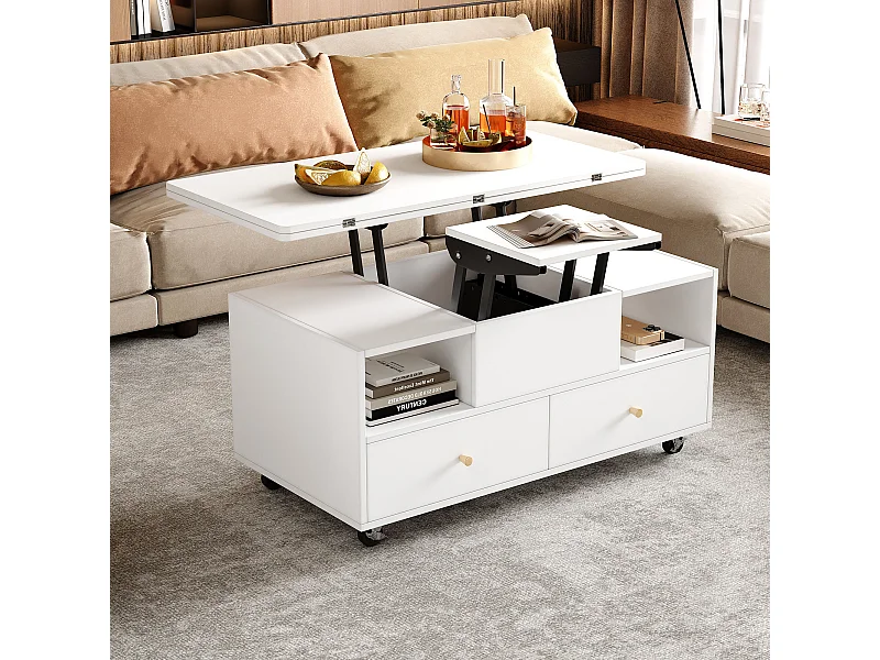 Mesa de centro com tampo elevatório, função dobrável e 4 gavetas - 100 x 50 x 47,5 cm - mesa móvel com rodízios - MDF - branca