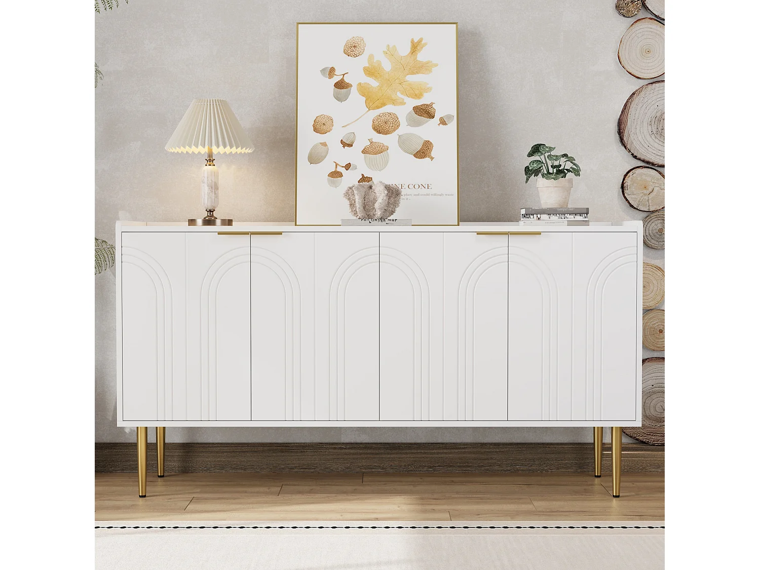 Buffet moderne 140 x 38 x 75 cm - 4 portes - Étagères réglables - Pieds en métal - MDF - Blanc