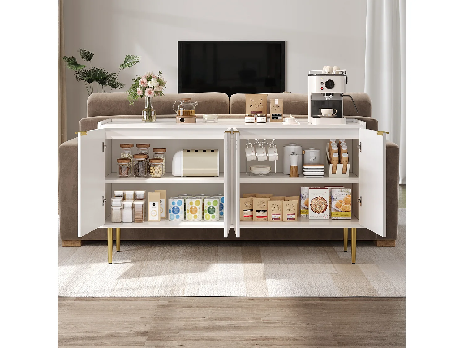 Buffet moderne 140 x 38 x 75 cm - 4 portes - Étagères réglables - Pieds en métal - MDF - Blanc