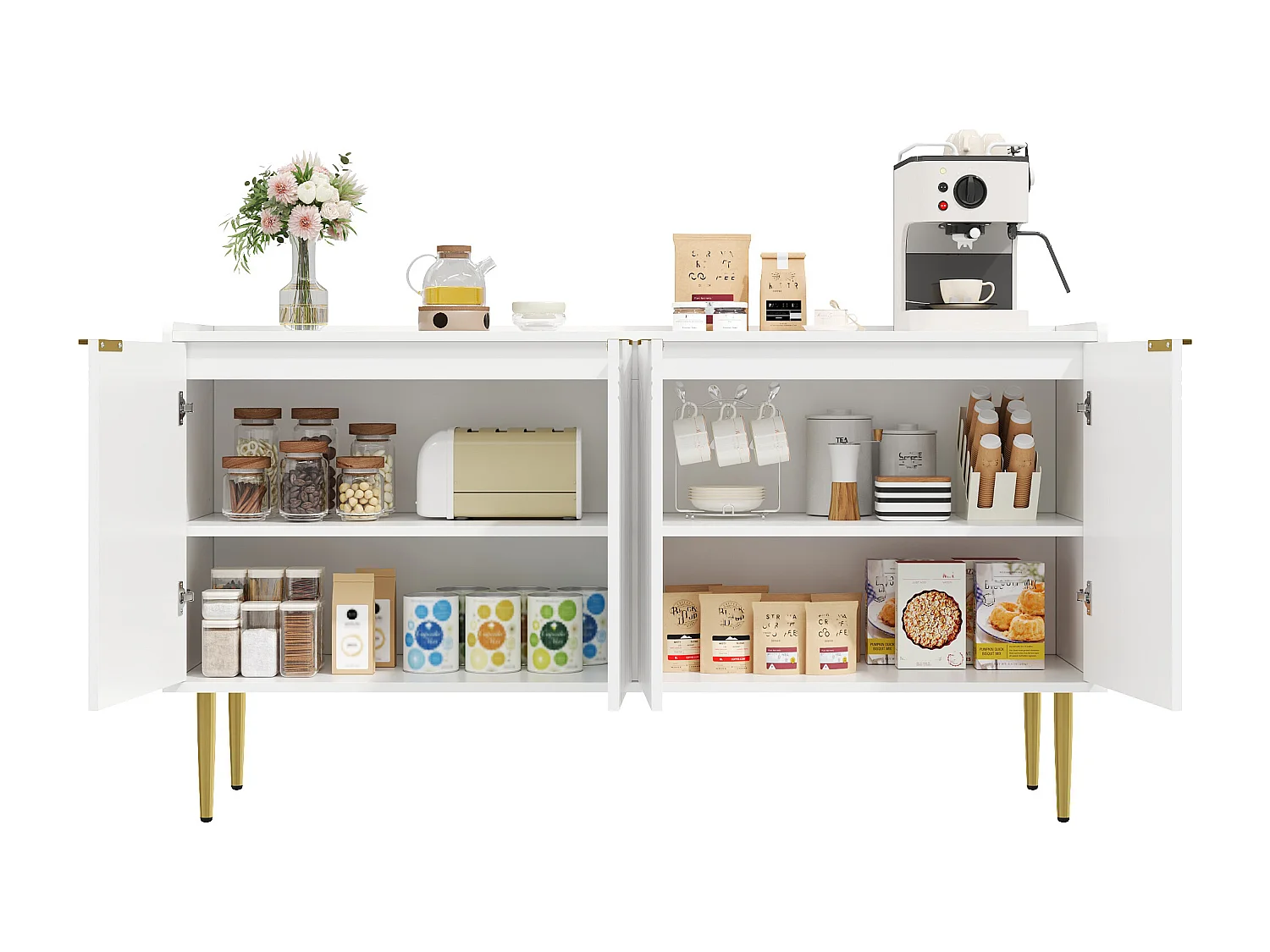 Buffet moderne 140 x 38 x 75 cm - 4 portes - Étagères réglables - Pieds en métal - MDF - Blanc