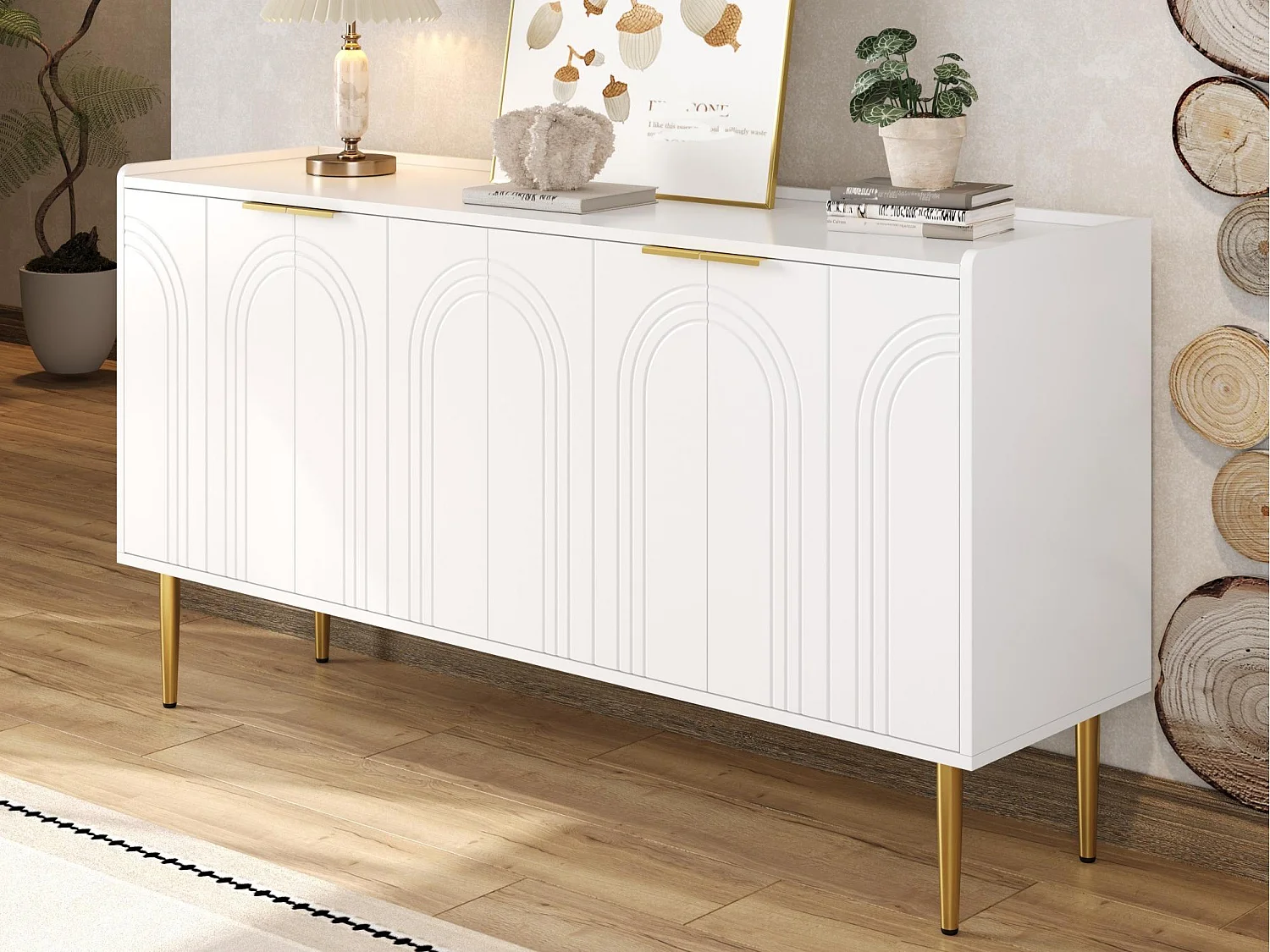 Modernes Sideboard 140x38x75 cm - 4 Türen - Metallfüße - MDF - Weiß