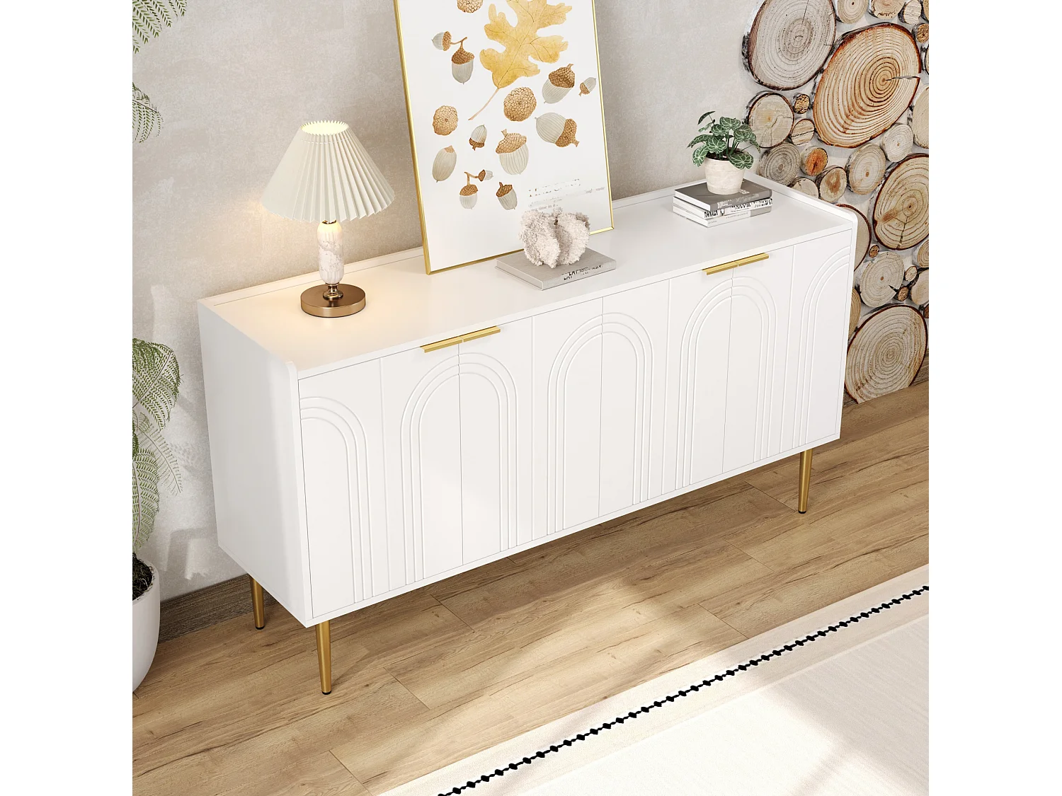 Modernes Sideboard 140x38x75 cm - 4 Türen - Metallfüße - MDF - Weiß