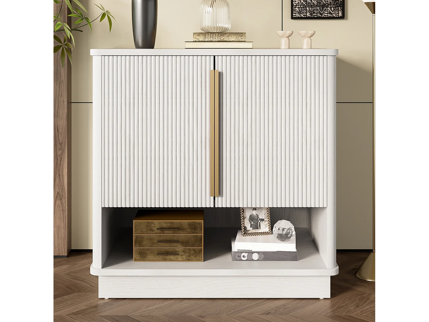 Moderner Schuhschrank 60x40x61 cm - 2 Türen - Offene Ablagefächer - Holzoptik-Finish - MDF - Weiß