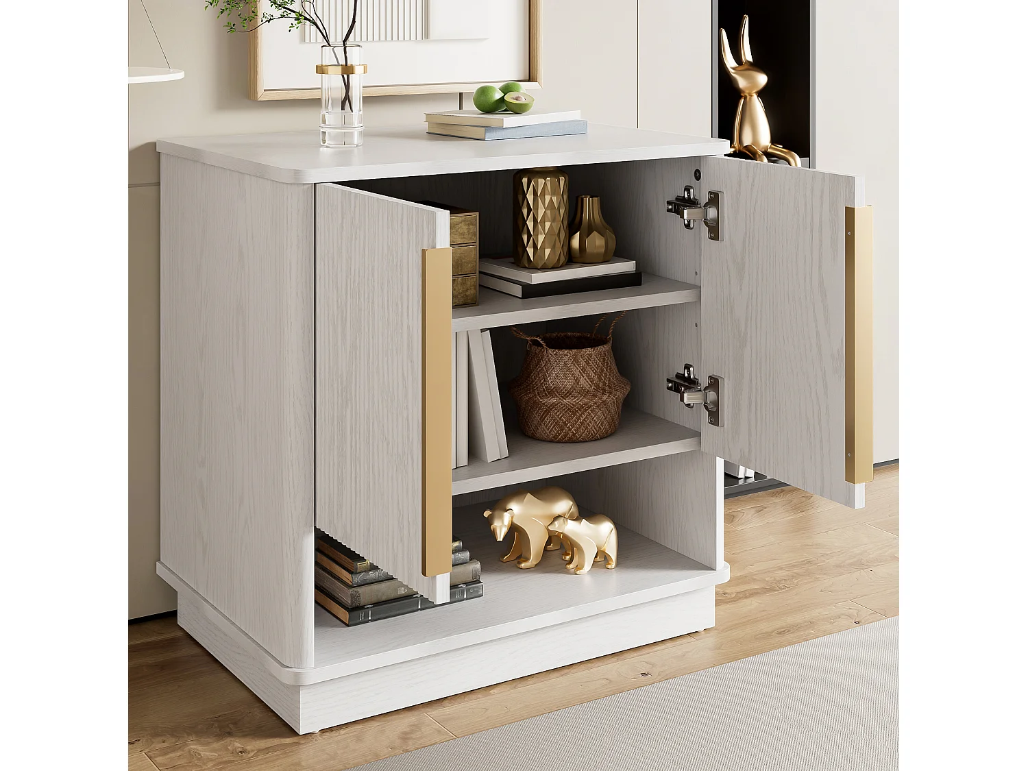 Meuble à chaussures moderne 60x40x61 cm - 2 portes - Étagères ouvertes - Finition imitation bois - MDF - Blanc
