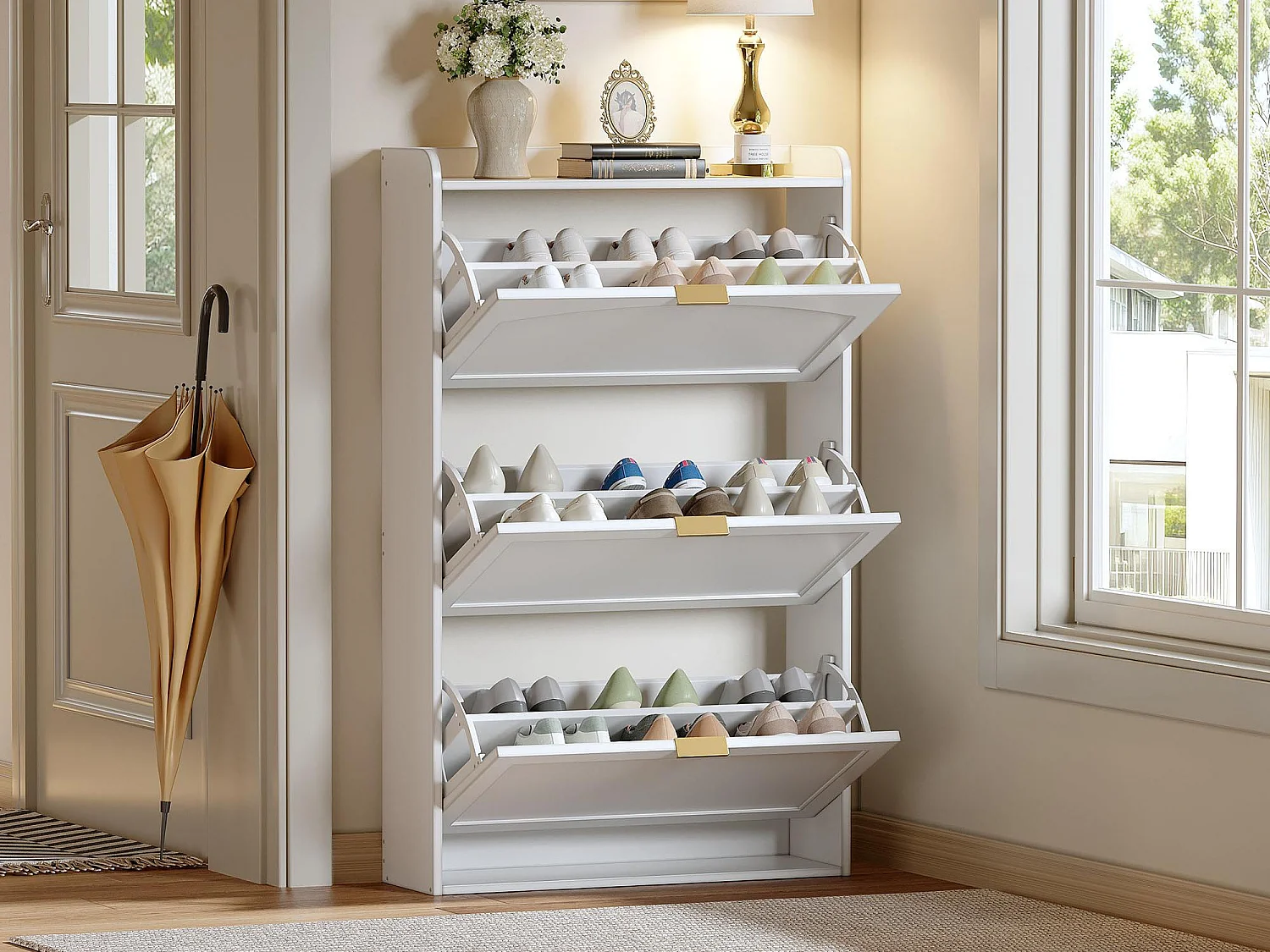 Meuble à chaussures 76x23x118cm - avec 3 grandes portes escamotables - blanc