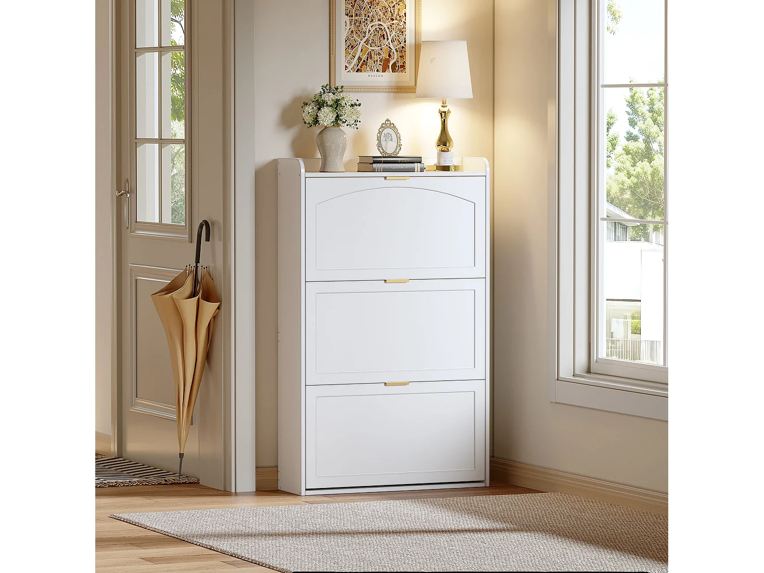 Meuble à chaussures 76x23x118cm - avec 3 grandes portes escamotables - blanc