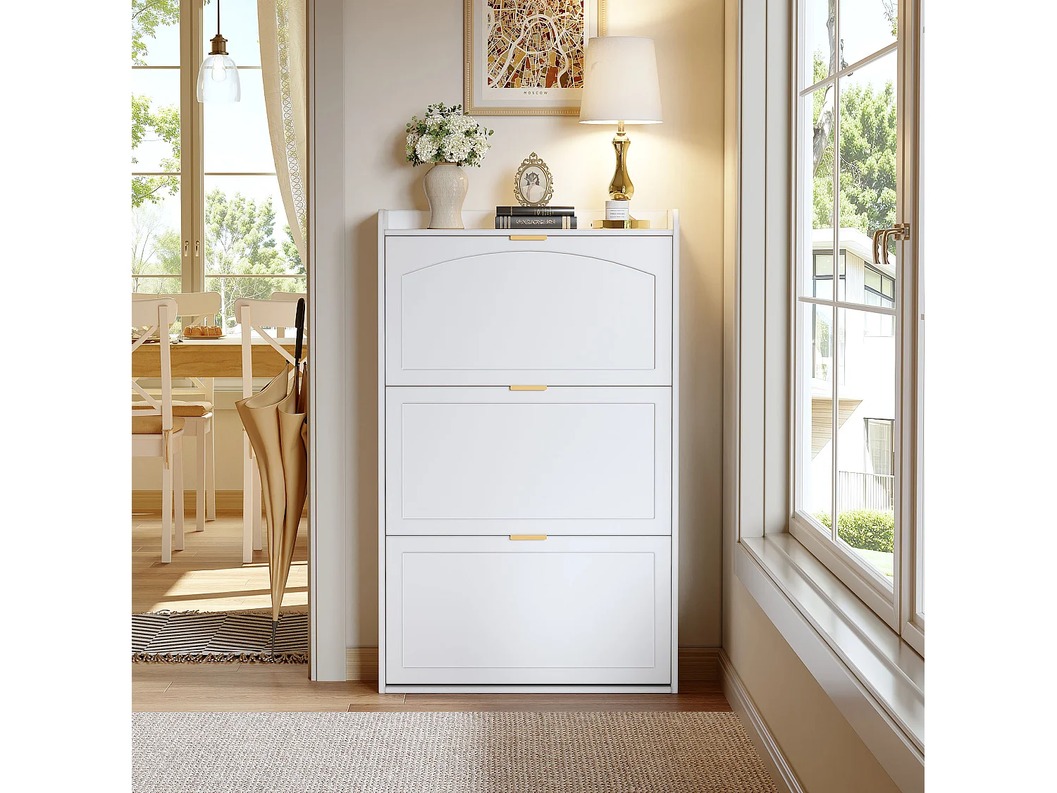 Meuble à chaussures 76x23x118cm - avec 3 grandes portes escamotables - blanc