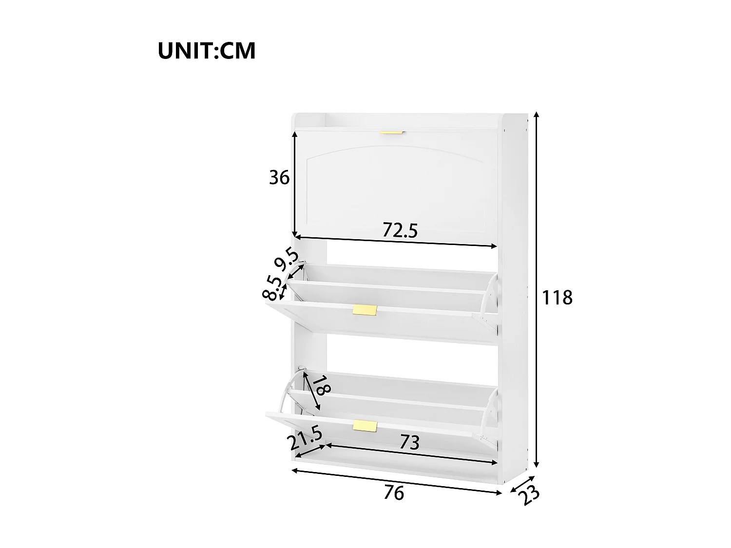 Meuble à chaussures 76x23x118cm - avec 3 grandes portes escamotables - blanc