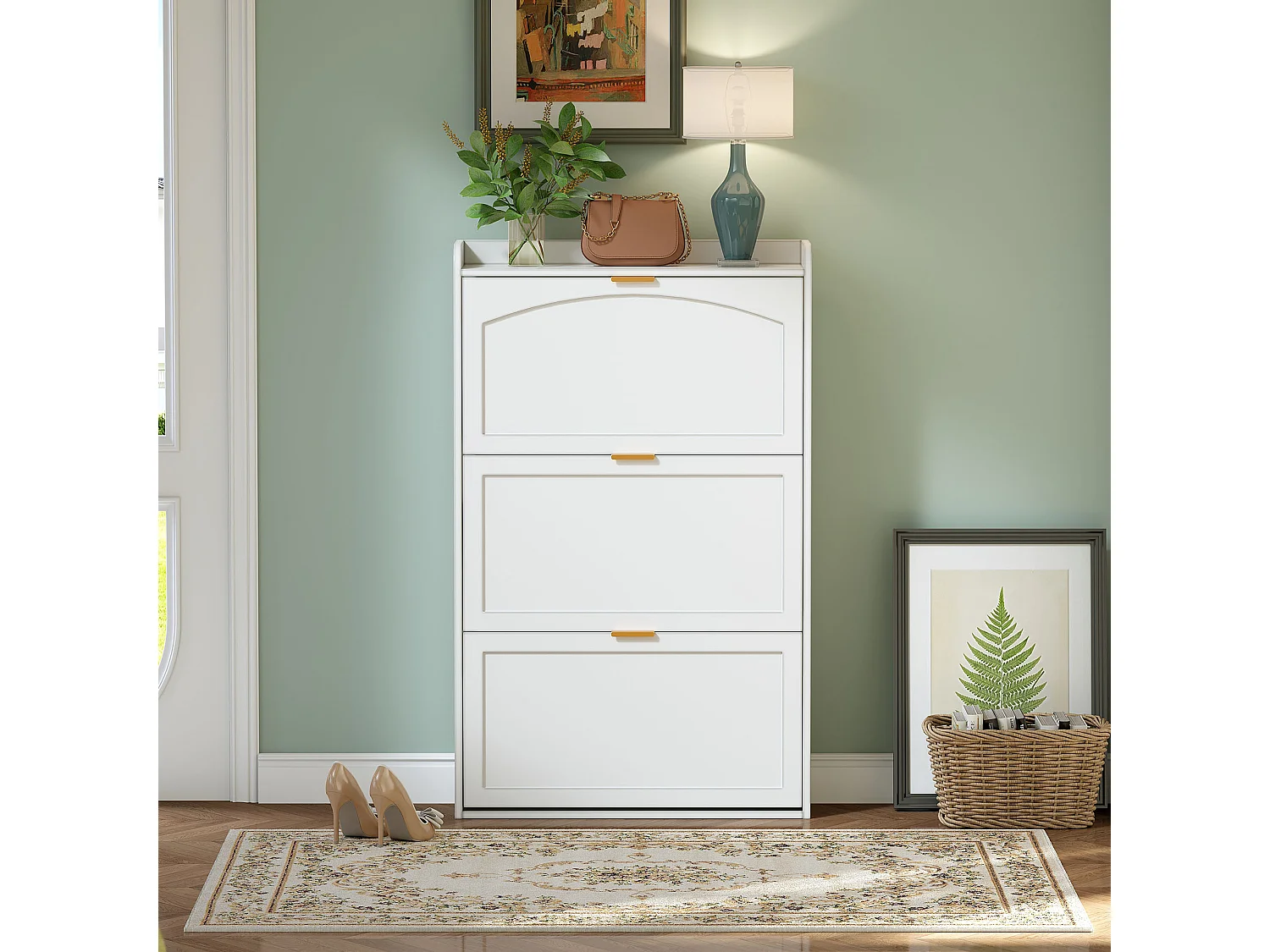 Meuble à chaussures 76x23x118cm - avec 3 grandes portes escamotables - blanc