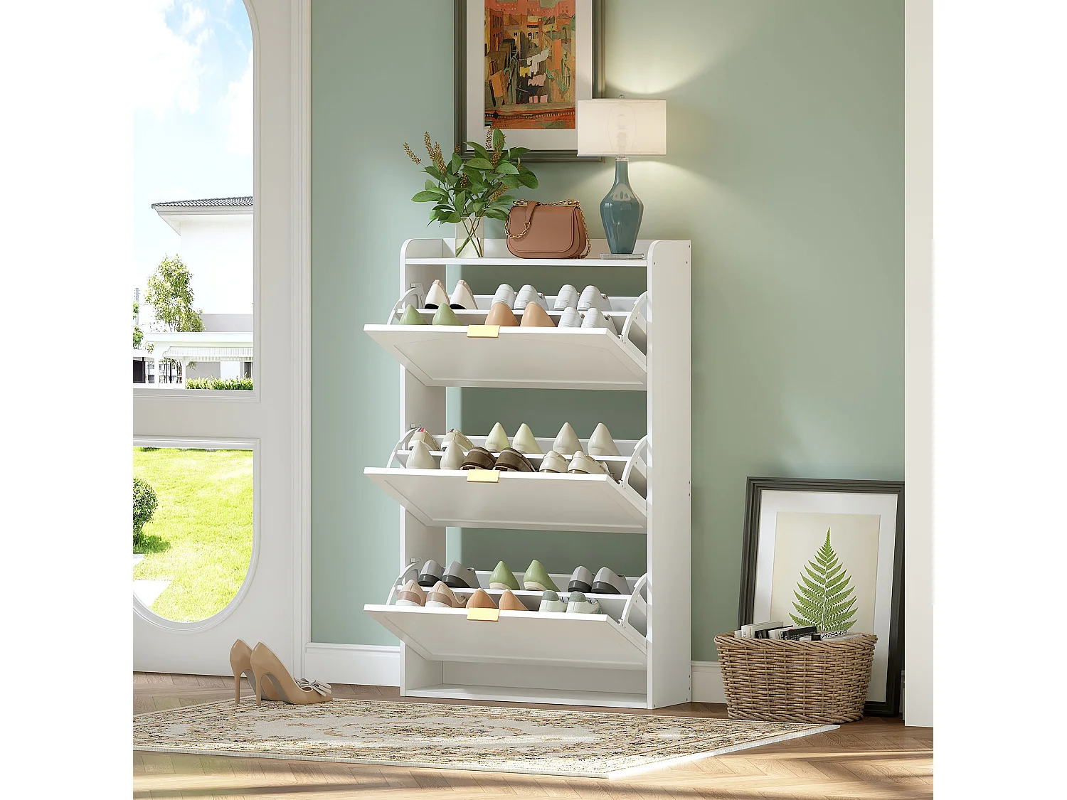 Meuble à chaussures 76x23x118cm - avec 3 grandes portes escamotables - blanc