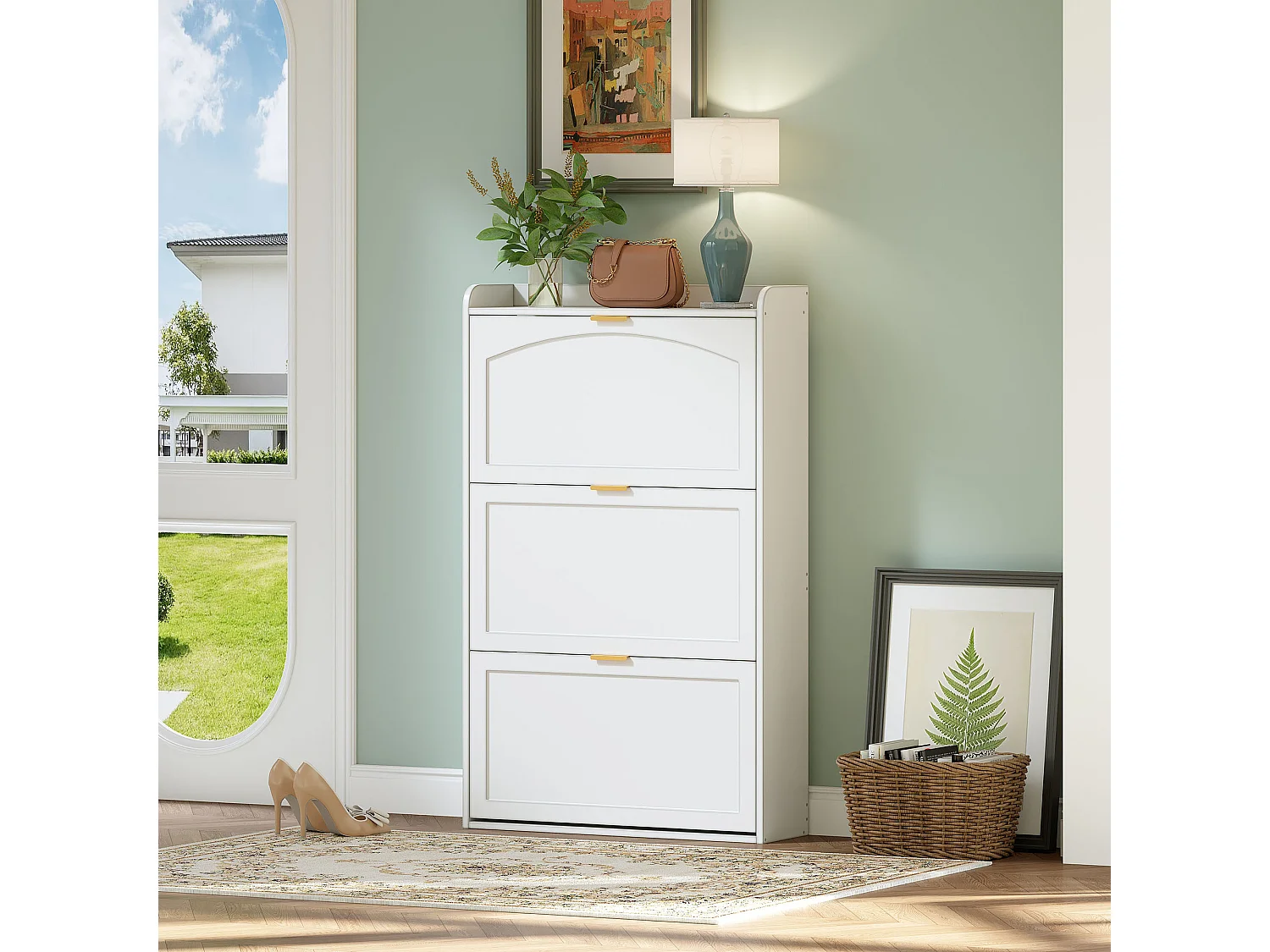 Meuble à chaussures 76x23x118cm - avec 3 grandes portes escamotables - blanc