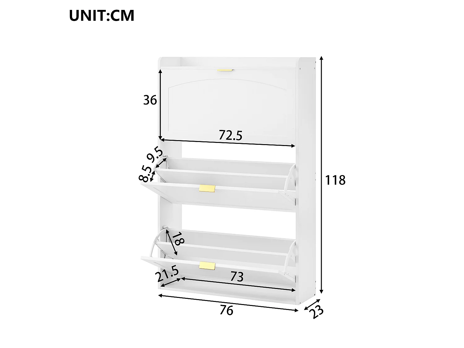 Meuble à chaussures 76x23x118cm - avec 3 grandes portes escamotables - blanc