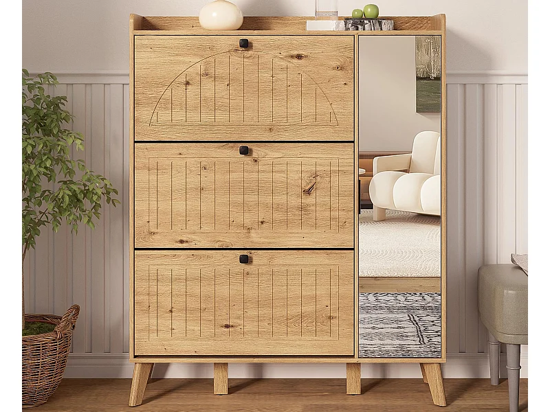 Moderner Schuhschrank 110×24×137,5 cm - mit 3 Klapptüren - mit Spiegel - Massivholzfüße - Natur