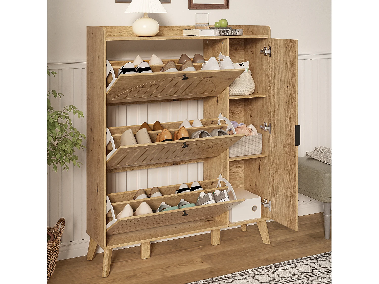 Moderner Schuhschrank 110×24×137,5 cm - mit 3 Klapptüren - mit Spiegel - Massivholzfüße - Natur