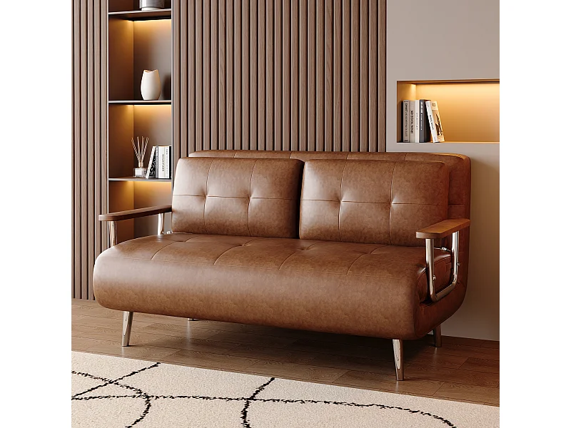 Canapé-lit en Cuir Marron, canapé Moderne avec Fonction lit, Matelas Rabattable et Pieds en métal, Polyvalent pour Salon, Chambre et Petits espaces (Marron)